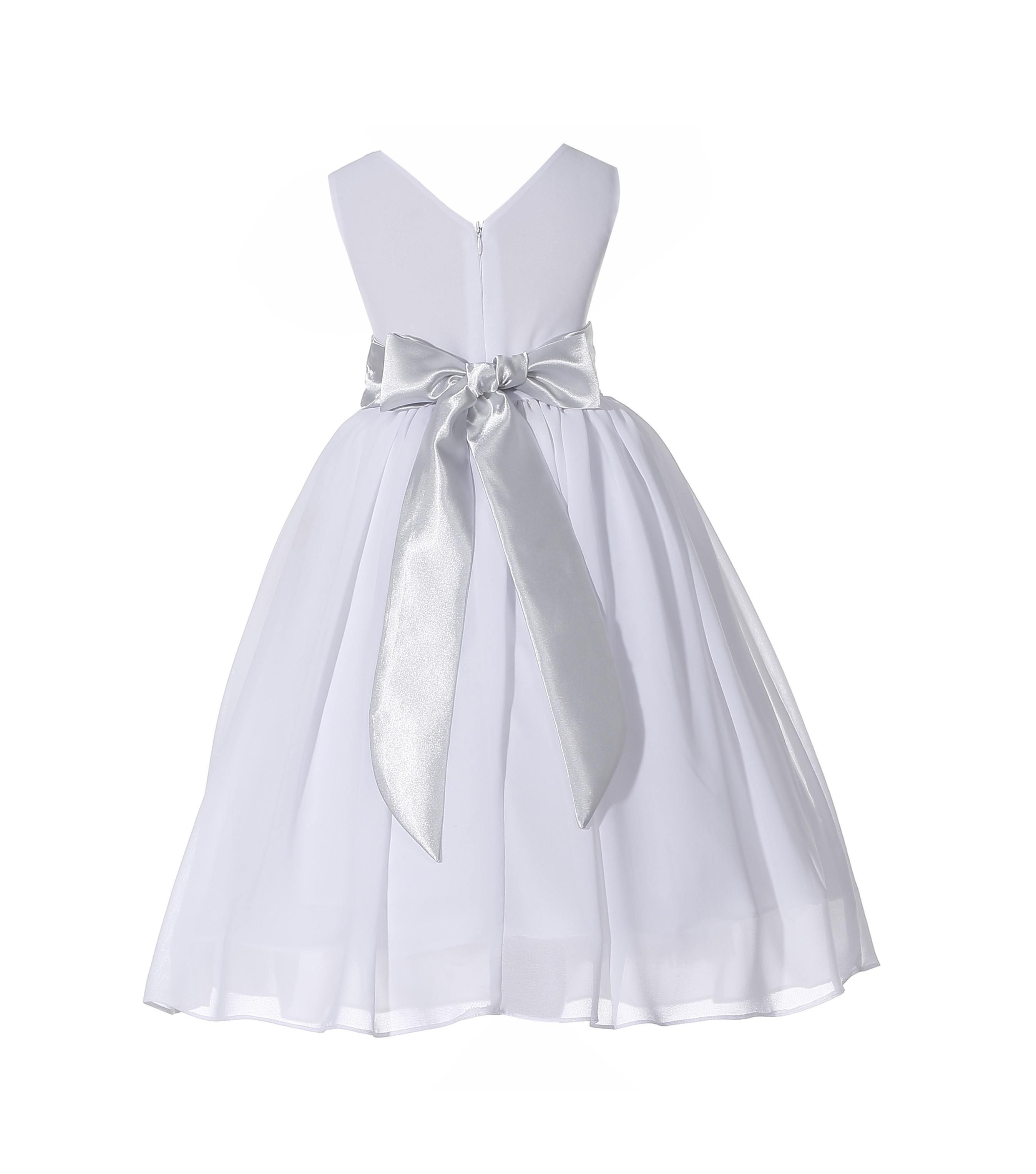 White/Silver V-Neck Yoryu Chiffon Flower Girl Dress Wedding 503NF