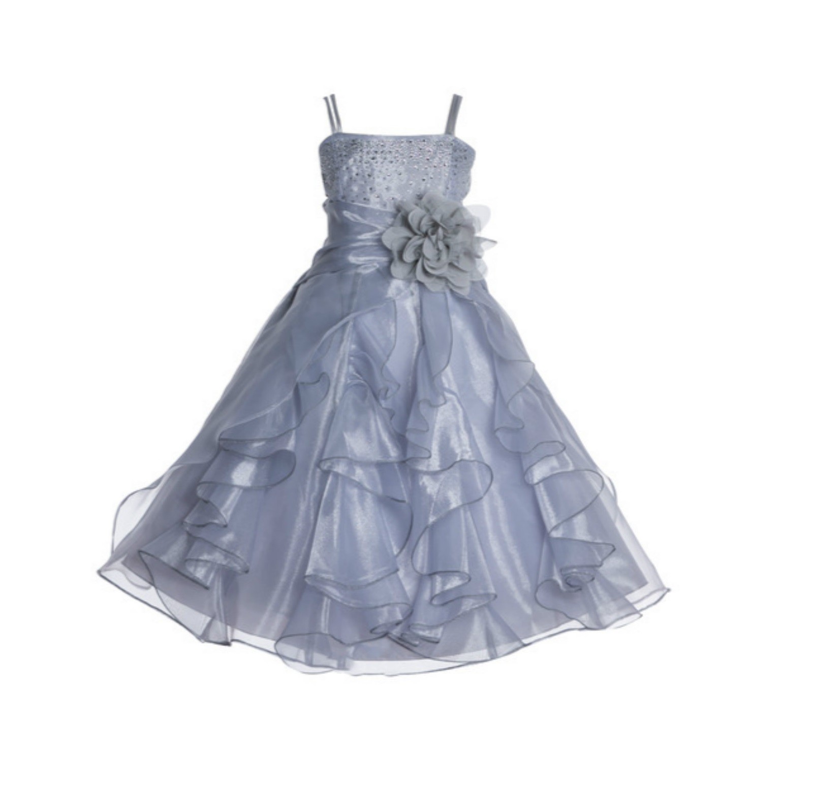 Silver Shimmering Organza Rhinestones Flower Girl Dress Formal J120NF