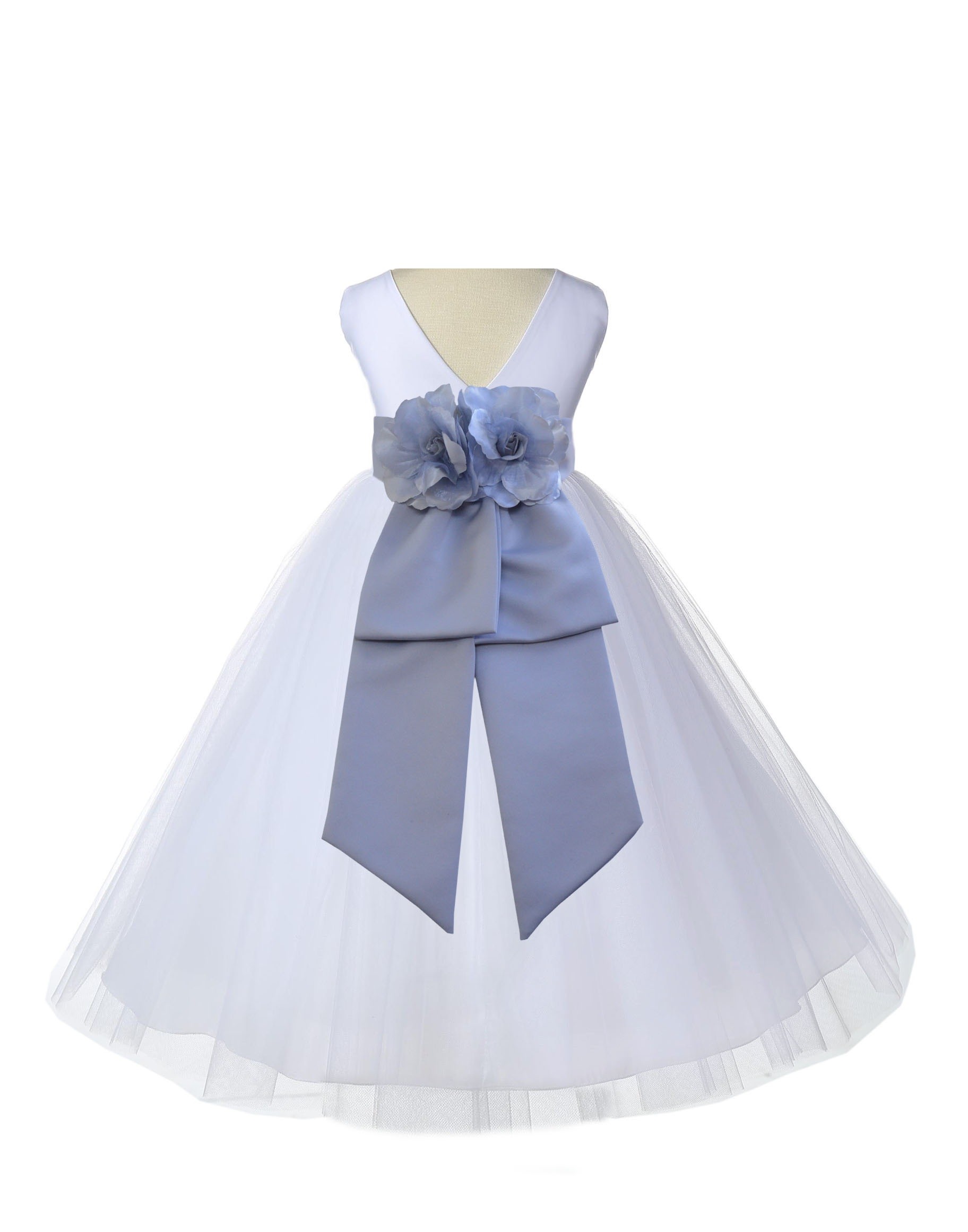 V-Neck Tulle White/Silver Flower Girl Dress Wedding Pageant 108
