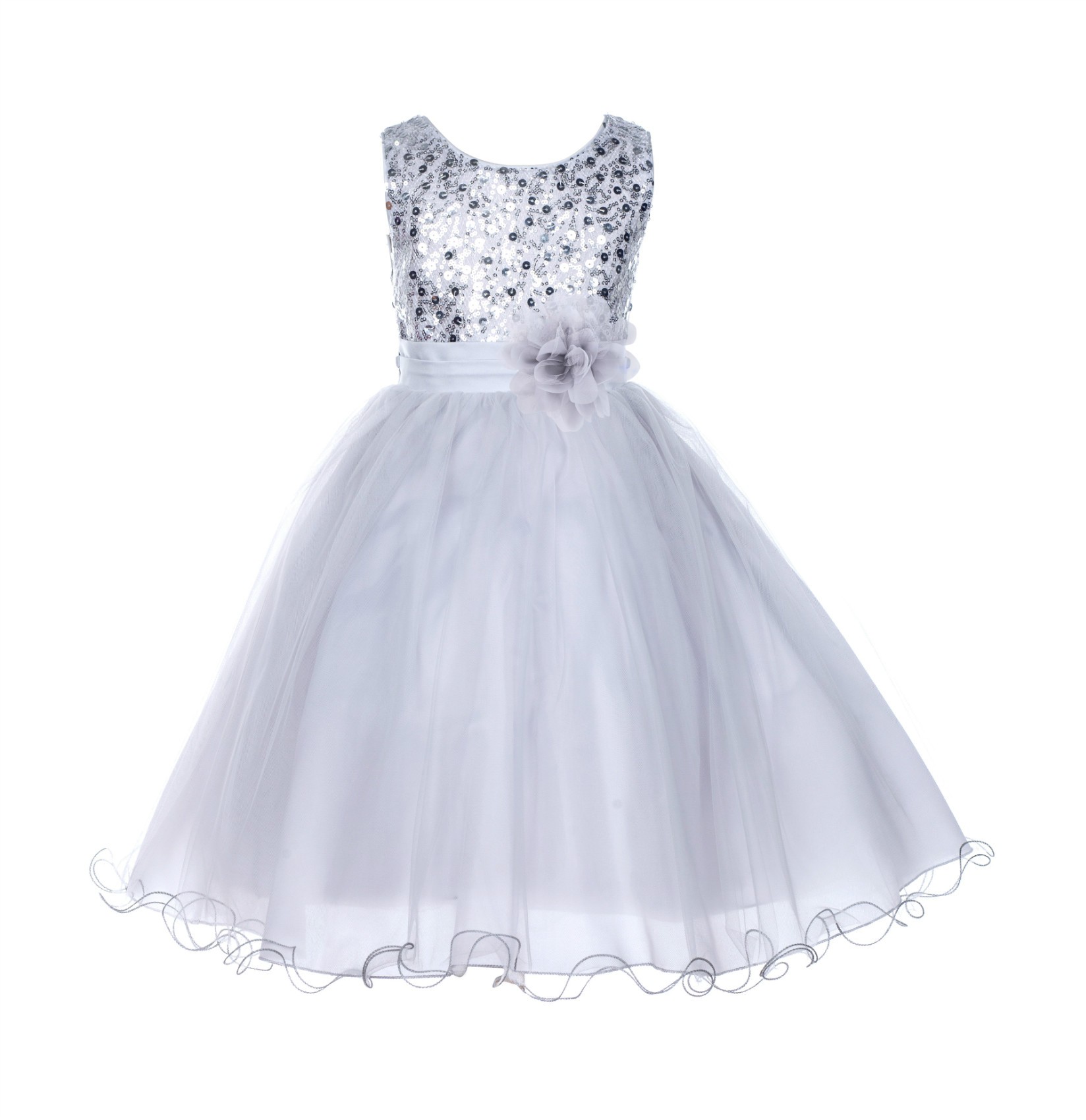 Silver Glitter Sequin Tulle Flower Girl Dress Pretty Princess B-011