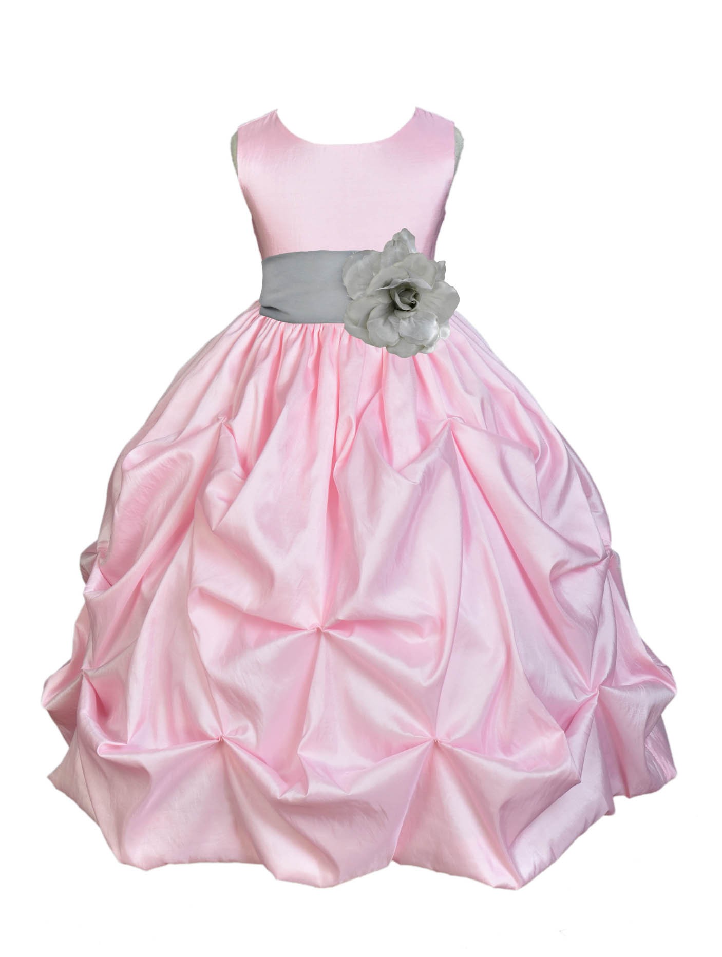 Pink/Silver Satin Taffeta Pick-Up Bubble Flower Girl Dress 301S