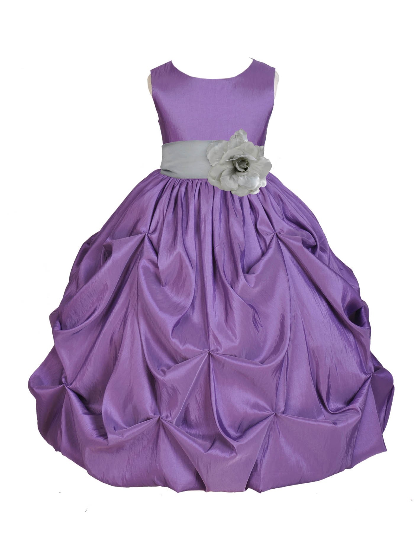 Purple/Silver Satin Taffeta Pick-Up Bubble Flower Girl Dress 301S