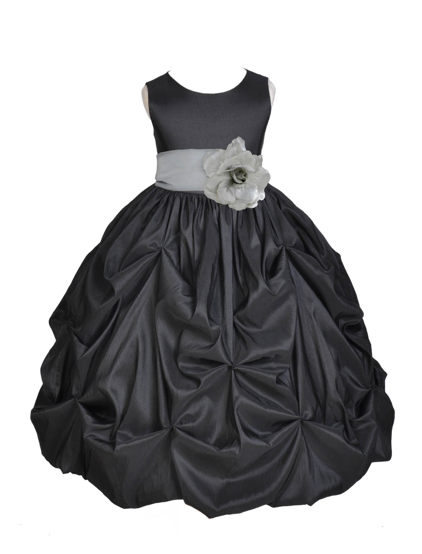 Black/Silver Satin Taffeta Pick-Up Bubble Flower Girl Dress 301S