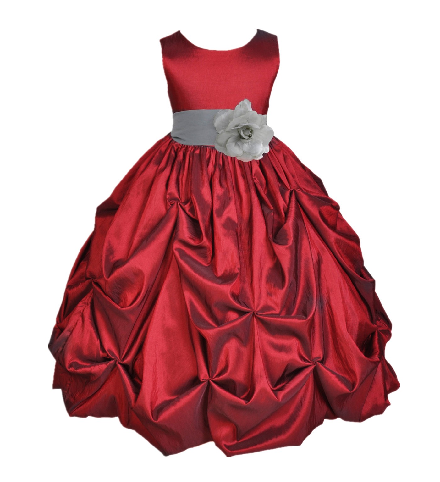 Apple / Silver Satin Taffeta Pick-Up Bubble Flower Girl Dress 301S