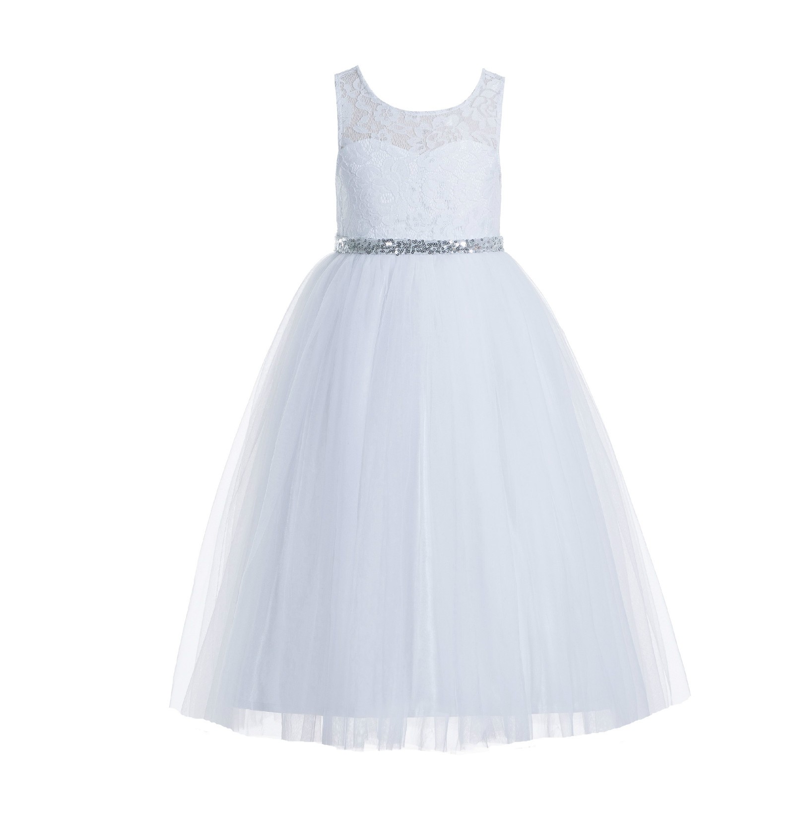 White / Silver Lace Tulle Scoop Neck Keyhole Back A-Line Flower Girl Dress 178