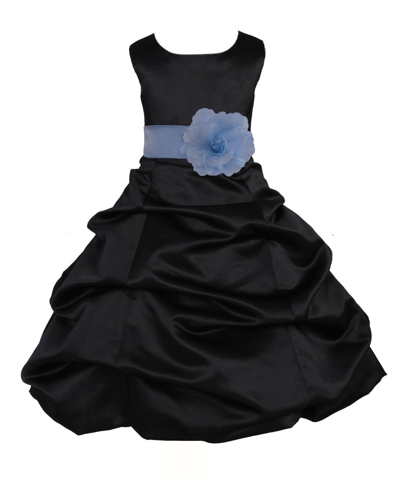 Black/Sky Blue Satin Pick-Up Bubble Flower Girl Dress Formal 808T