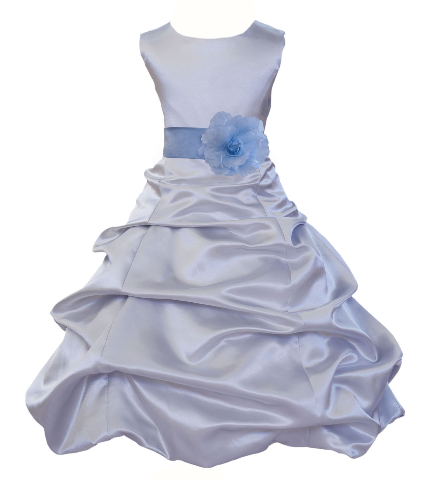 Silver/Sky Blue Satin Pick-Up Bubble Flower Girl Dress Stylish 808T