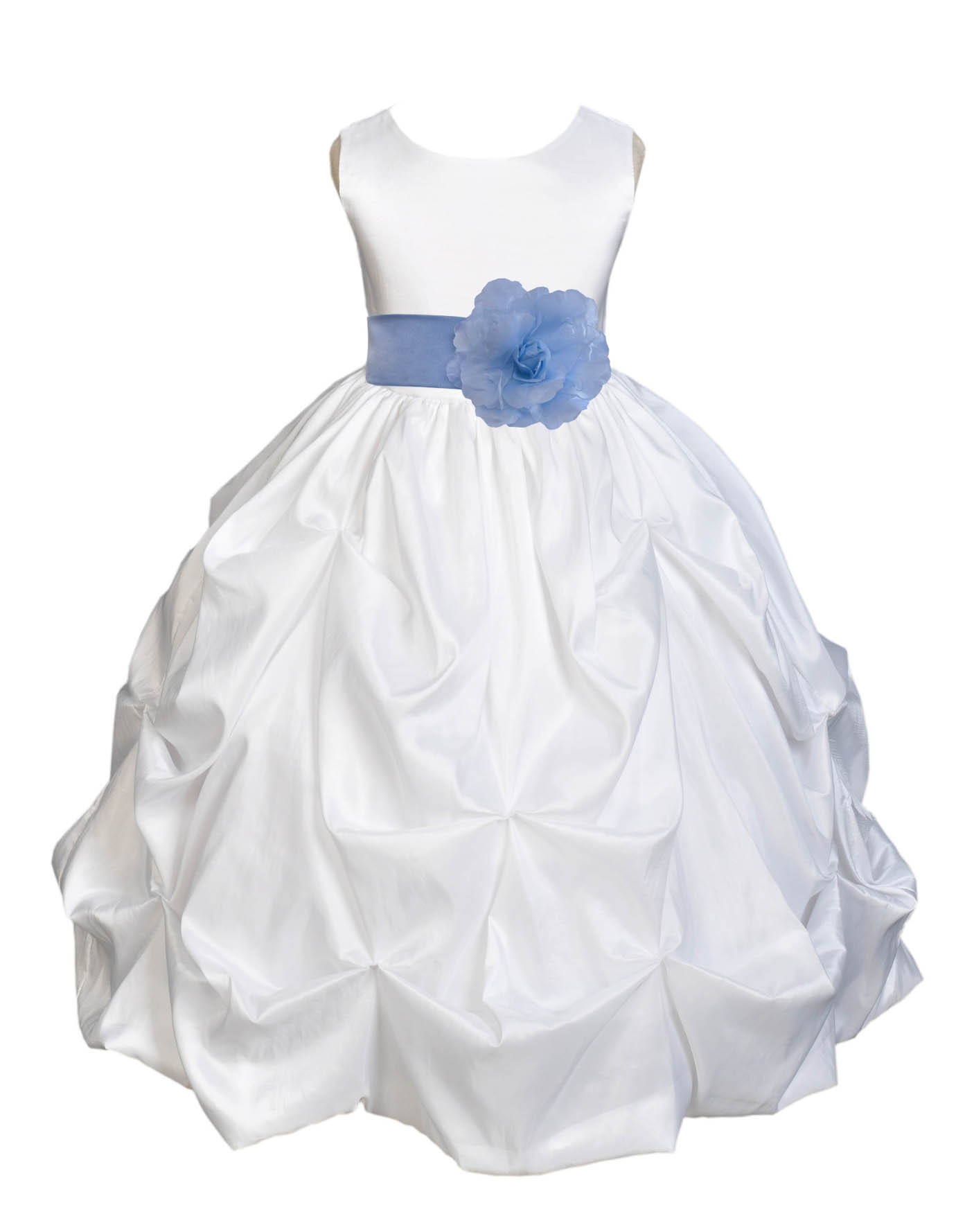 White/Sky Satin Taffeta Pick-Up Bubble Flower Girl Dress 301T