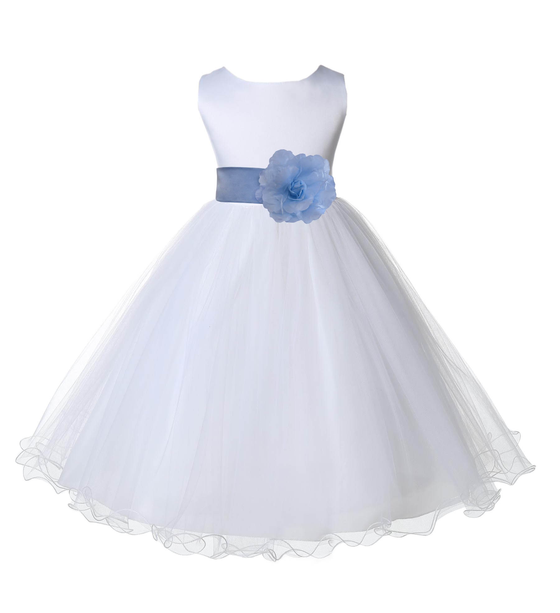 White/Sky Tulle Rattail Edge Flower Girl Dress Wedding Bridesmaid 829T