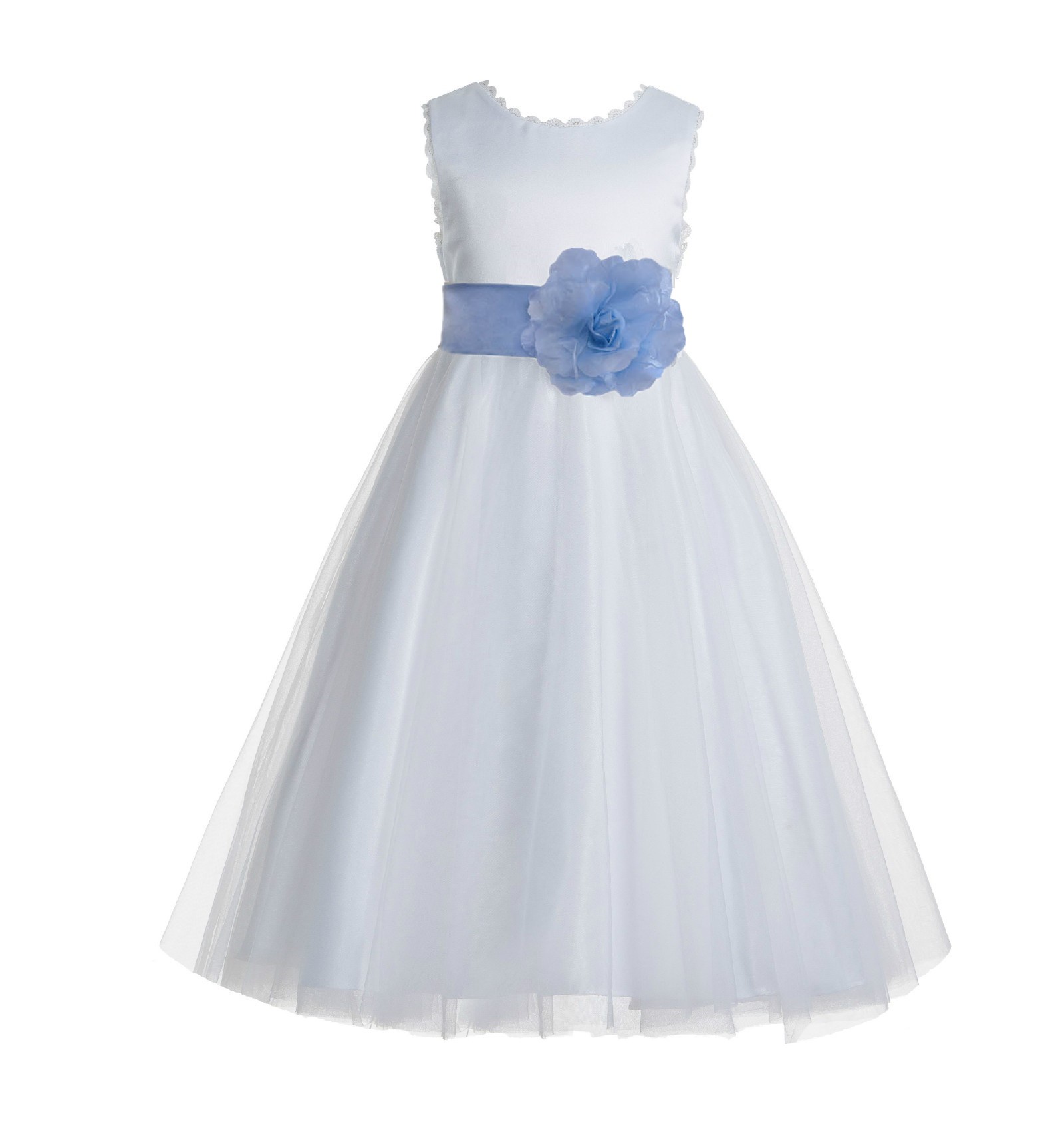 White / Light Blue V-Back Lace Edge Flower Girl Dress 183T