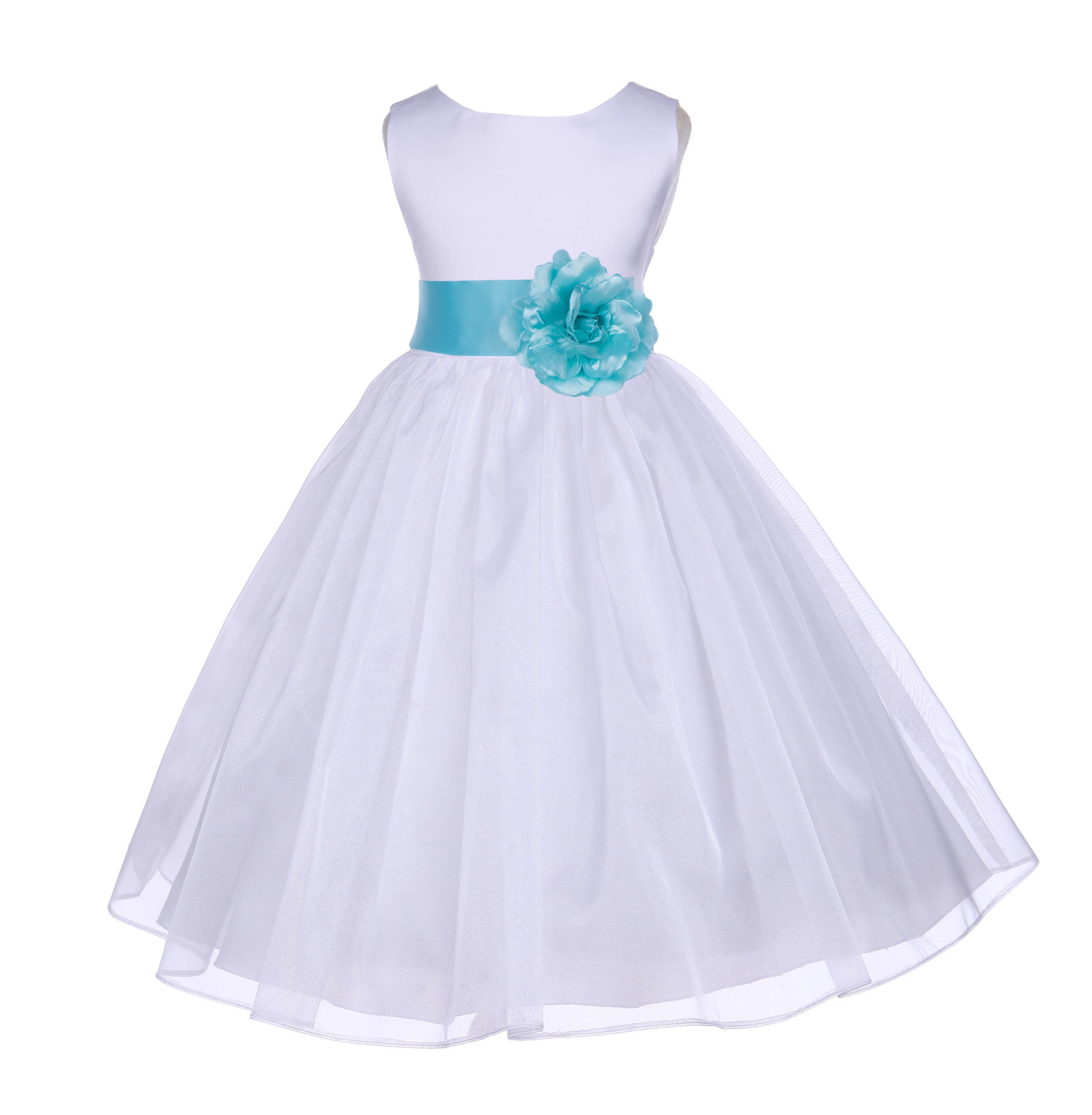 White/Spa Satin Bodice Organza Skirt Flower Girl Dress 841T