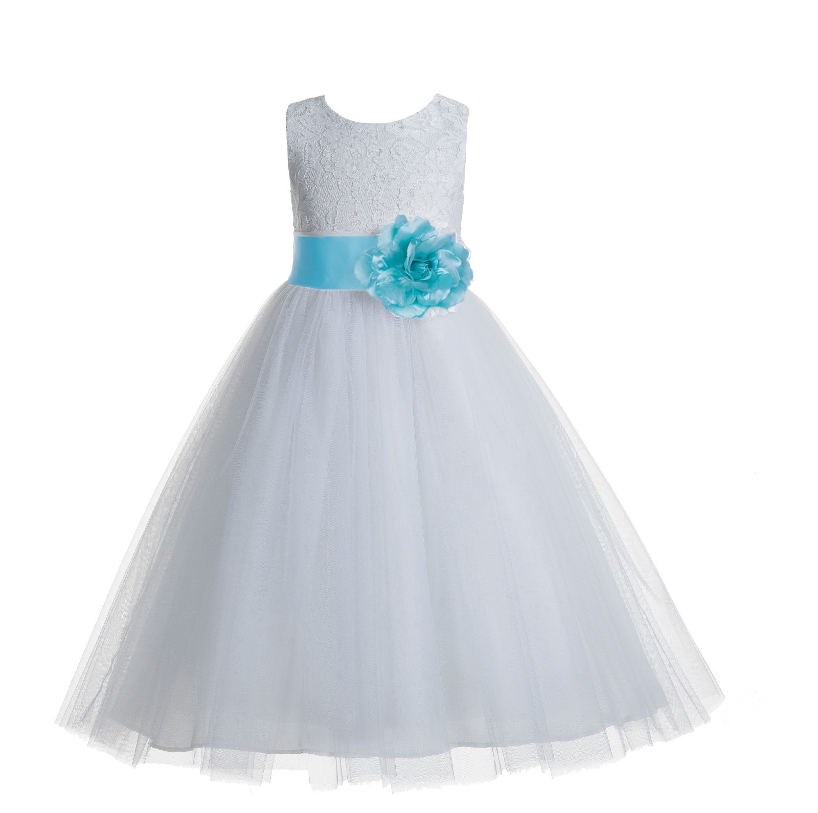 White / Spa Blue Floral Lace Heart Cutout Flower Girl Dress with Flower 172T