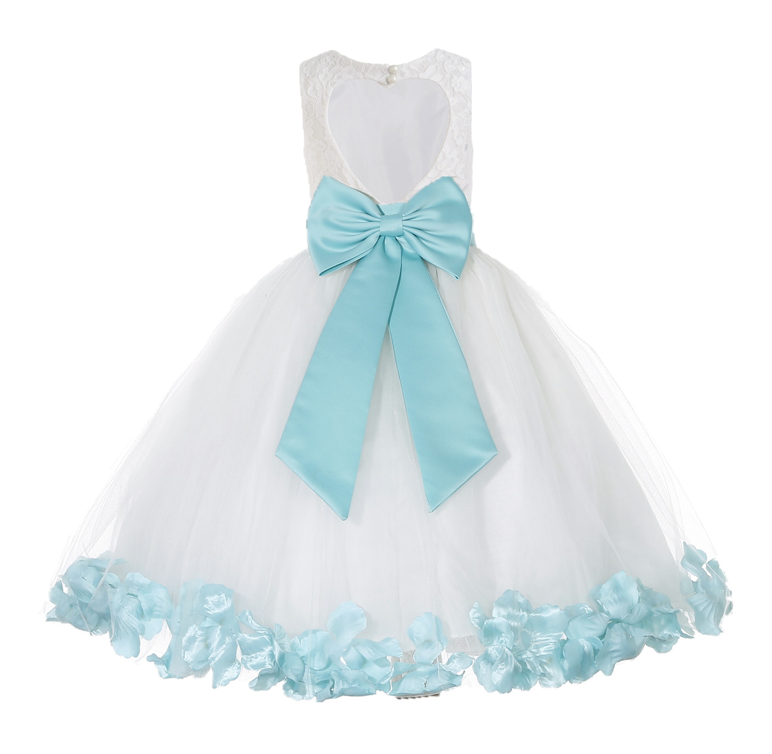 White / Spa Blue Floral Lace Heart Cutout Flower Girl Dress with Petals 185T
