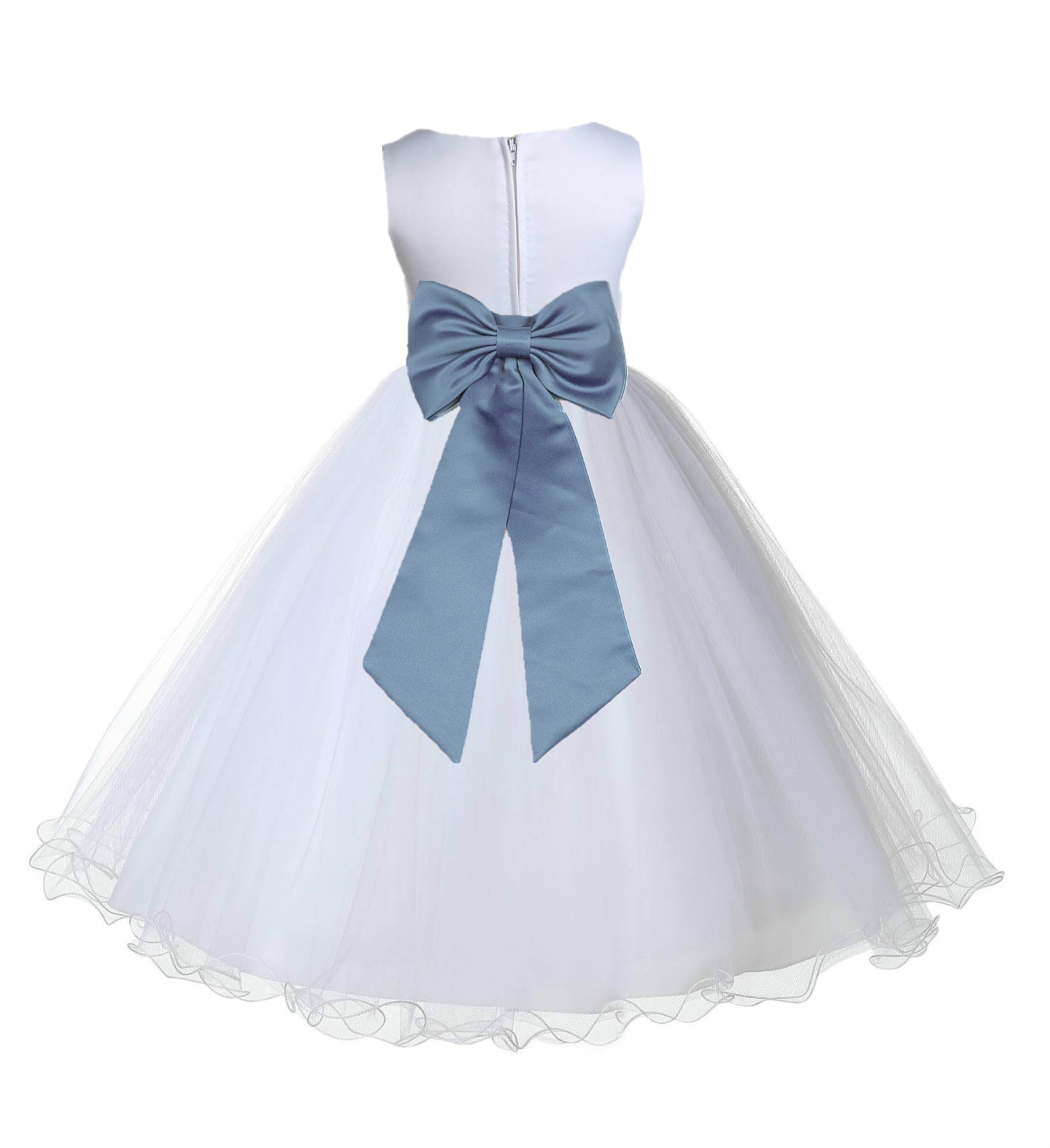 White / Steel Blue Tulle Rattail Edge Flower Girl Dress Wedding Bridesmaid 829T