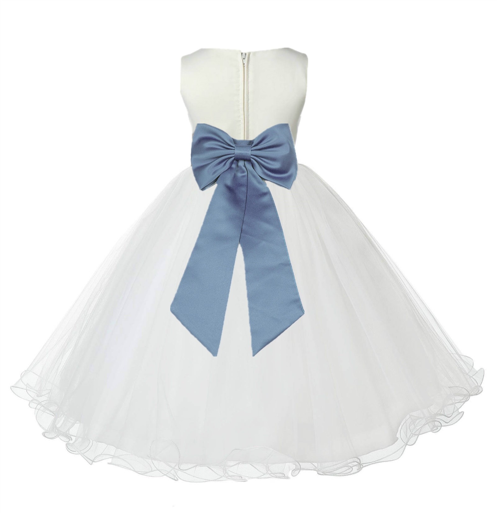 Ivory / Steel Blue Tulle Rattail Edge Flower Girl Dress Pageant Recital 829T