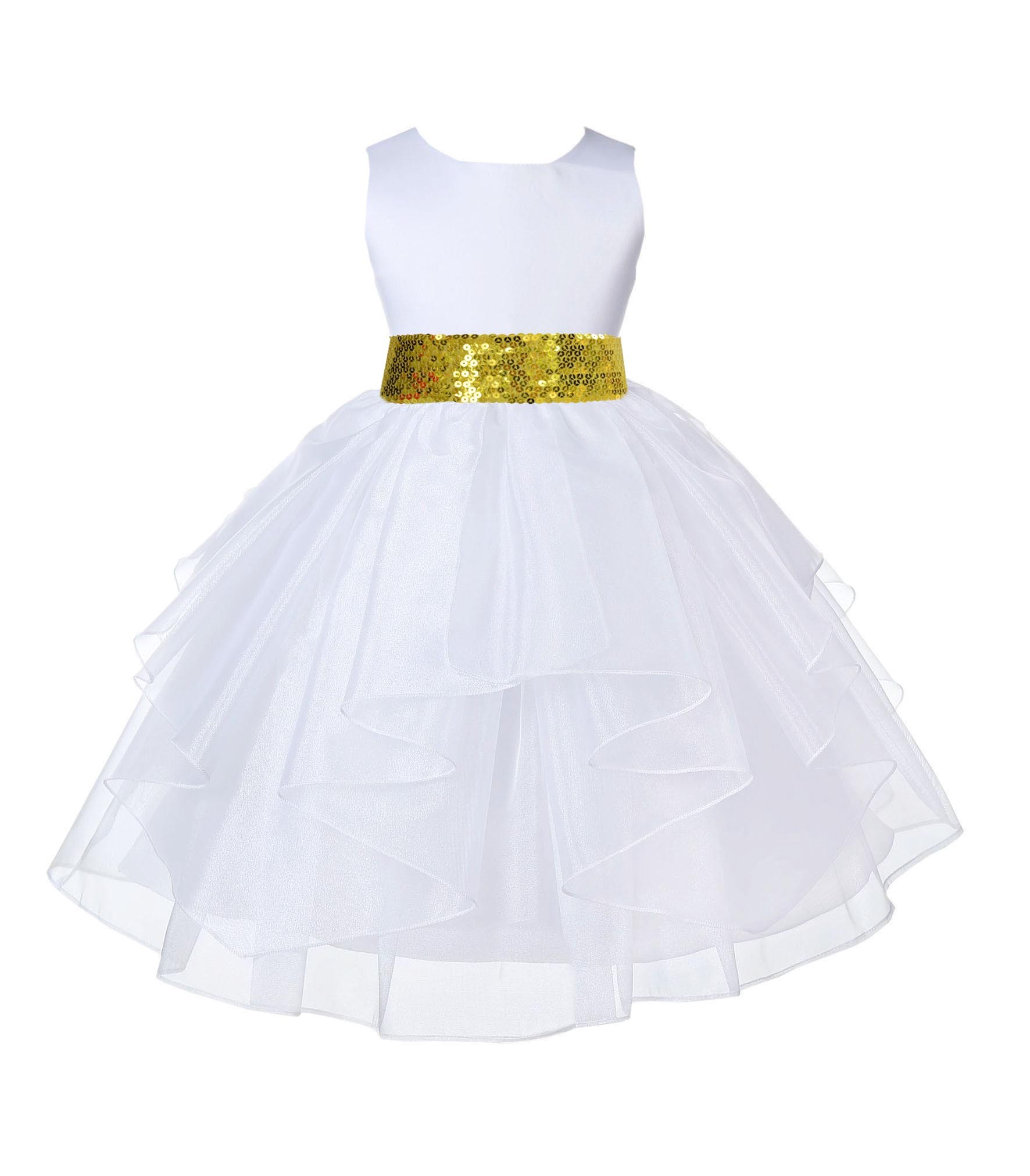 White Shimmering Organza Sunbeam Sequin Sash Flower Girl Dress 4613mh