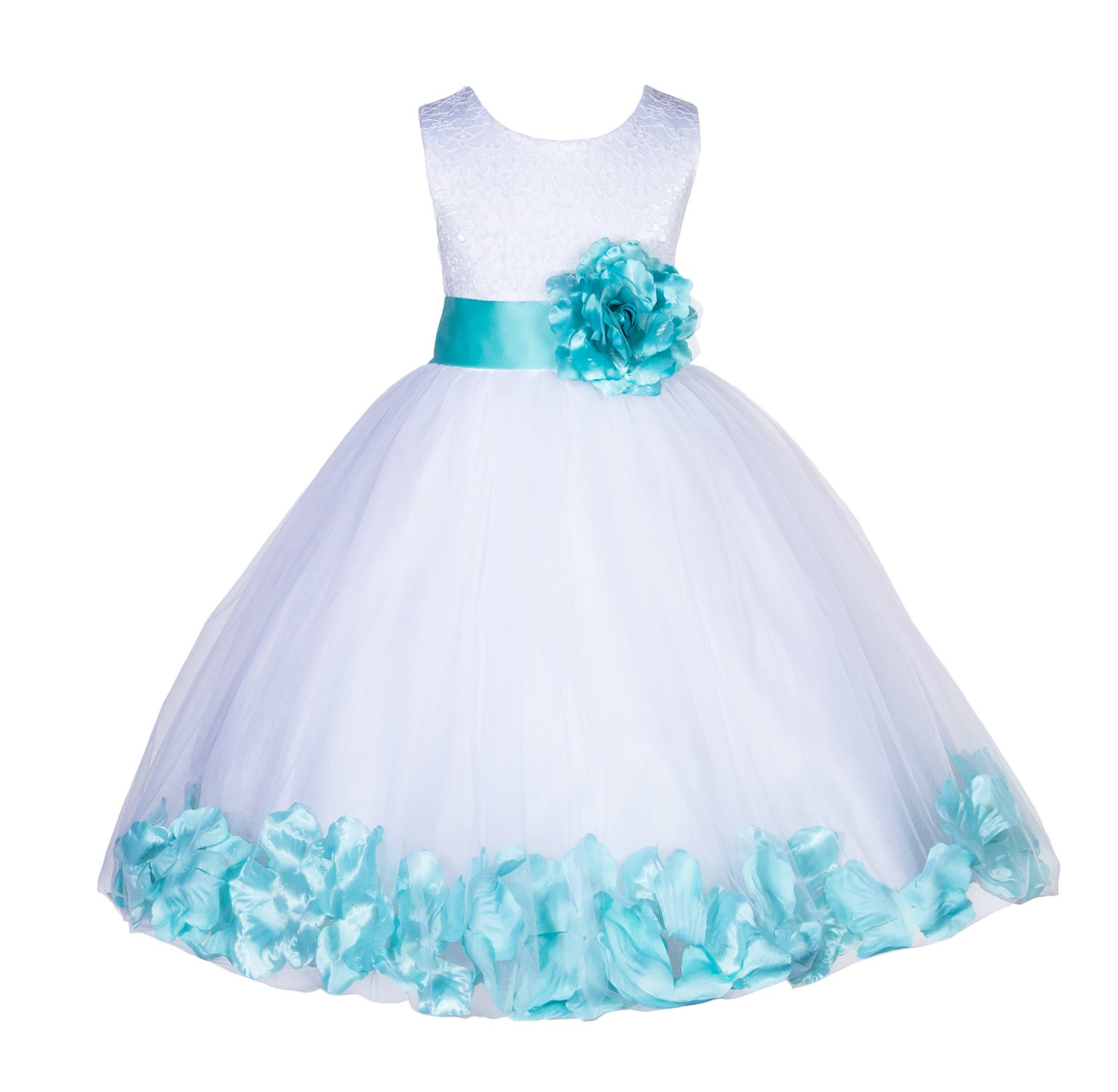White/Tiffany Blue Lace Top Tulle Floral Petals Flower Girl Dress 165S