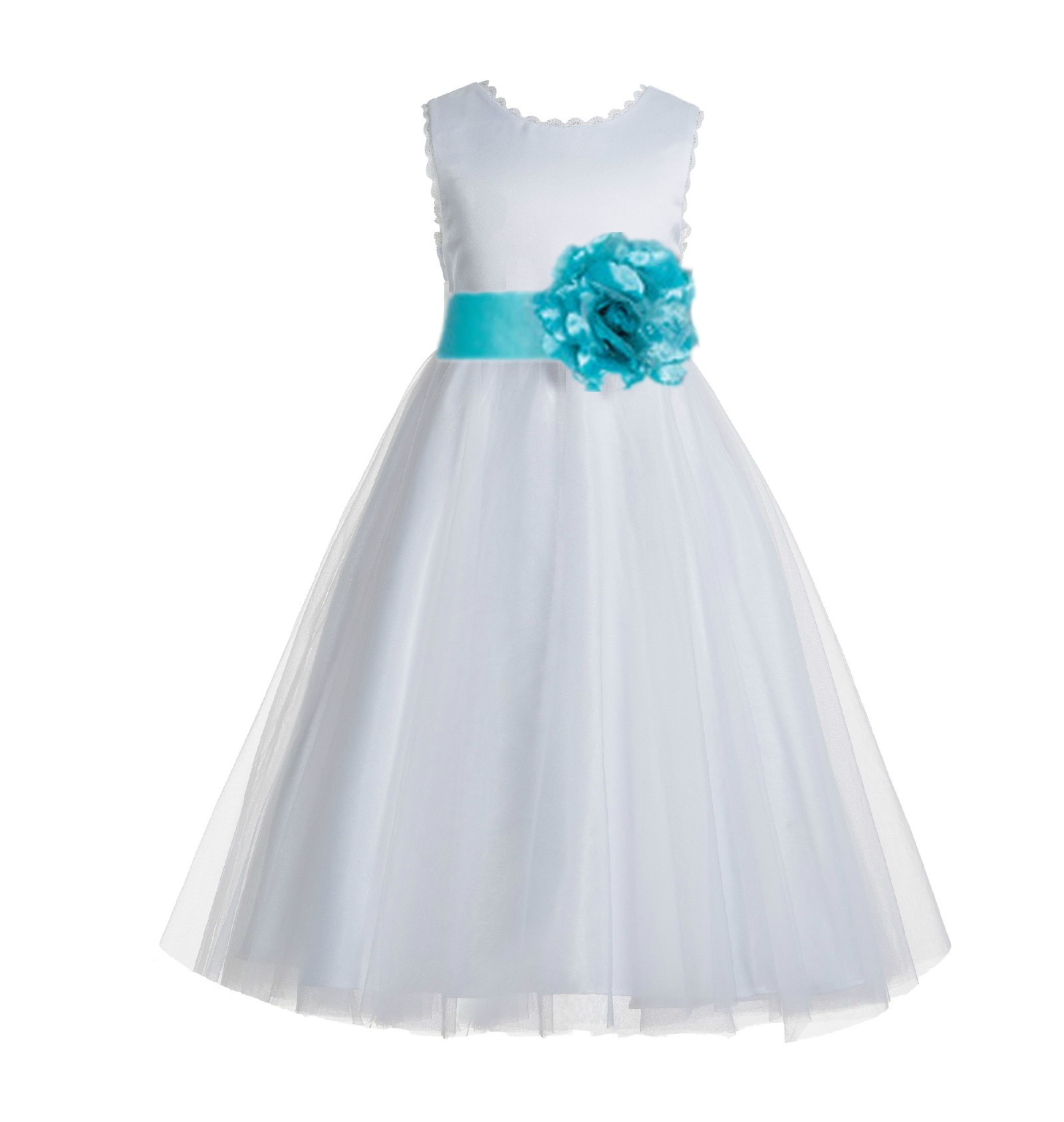 White / Tiffany Blue V-Back Lace Edge Flower Girl Dress 183T