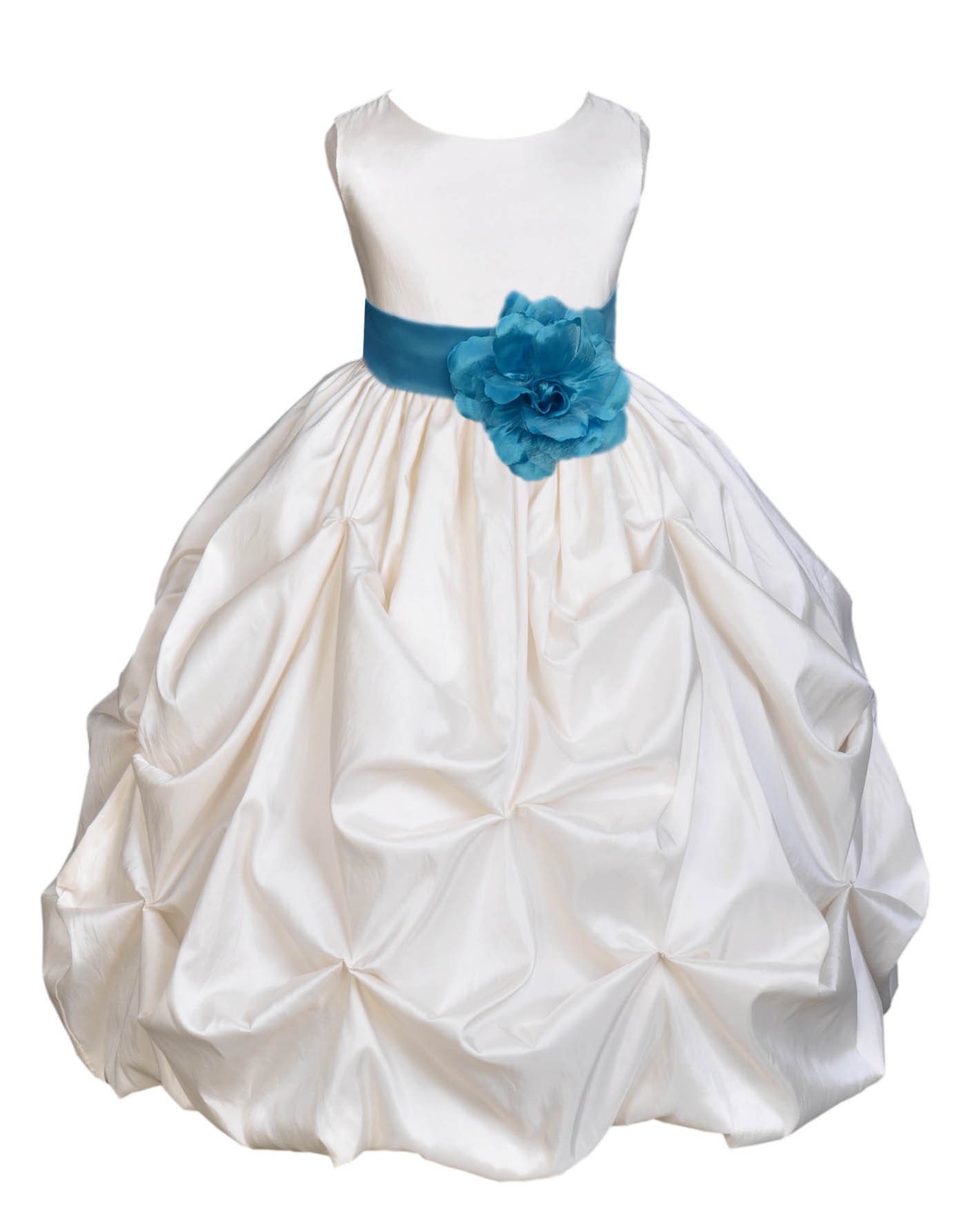 Ivory/Turquoise Satin Taffeta Pick-Up Bubble Flower Girl Dress 301T