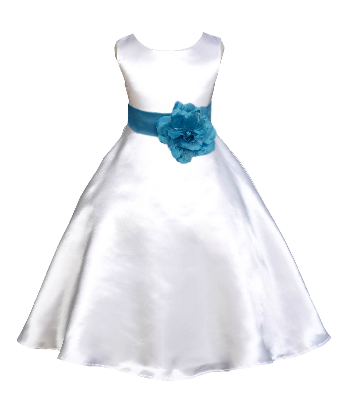 White/Turquoise A-Line Satin Flower Girl Dress Wedding Bridal 821T