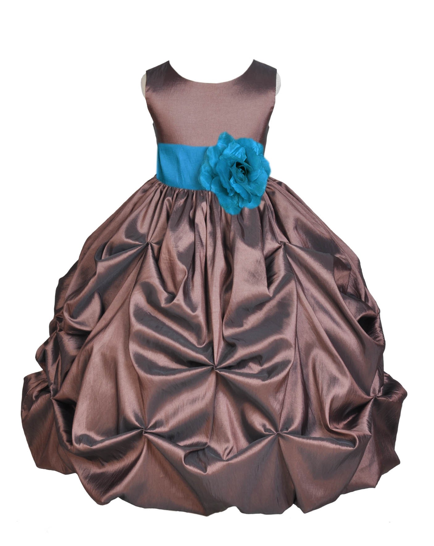 Brown/Turquoise Satin Taffeta Pick-Up Bubble Flower Girl Dress 301S