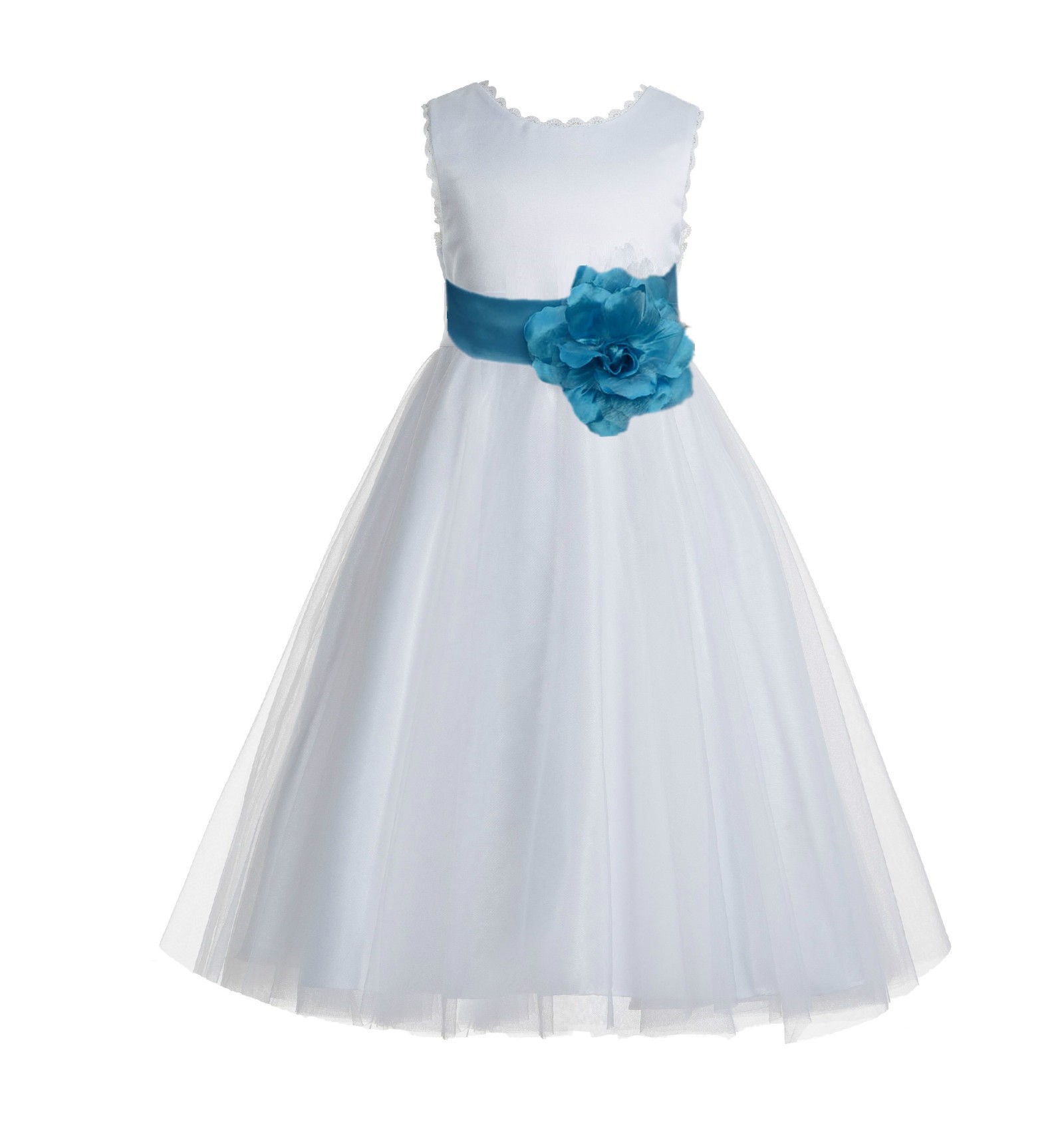 White / Turquoise Blue V-Back Lace Edge Flower Girl Dress 183T