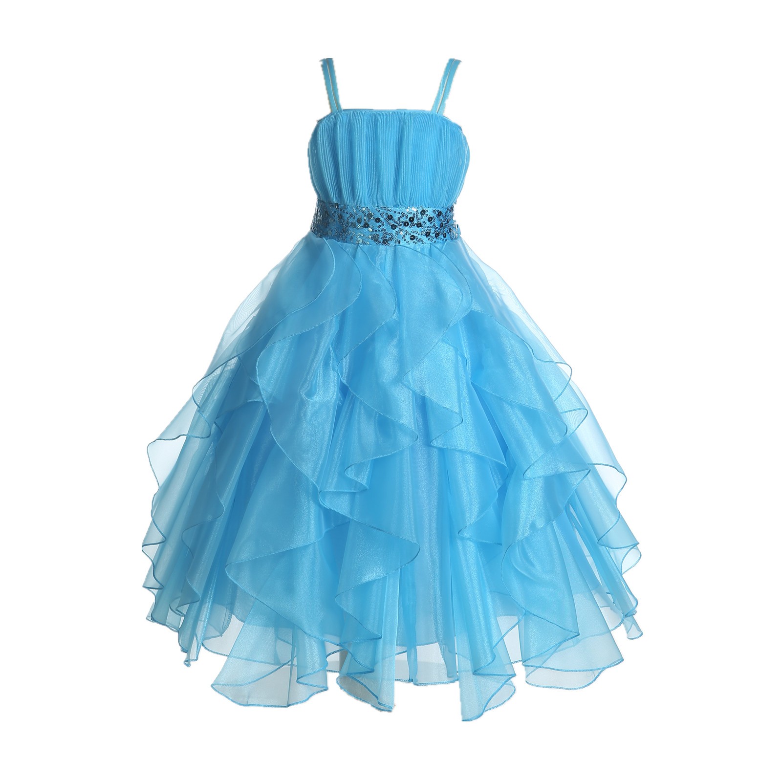 Turquoise Satin Organza Sequin Spaghetti-Straps Flower Girl Dress 009