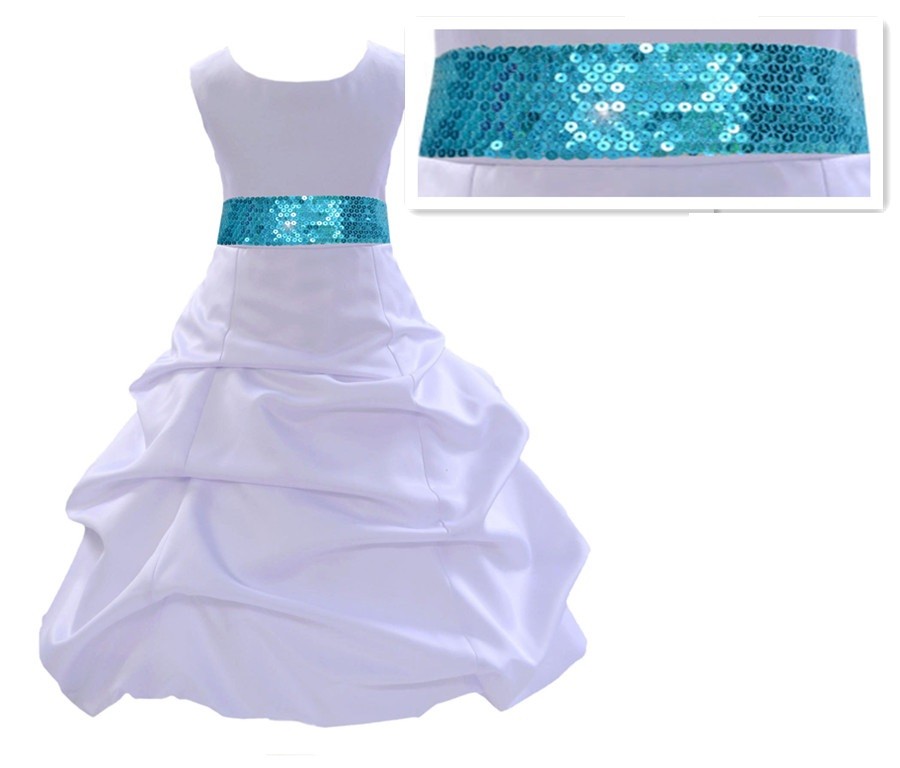 White Satin Pick-Up Bubble Flower Girl Dress Turquoise Sequins 806mh