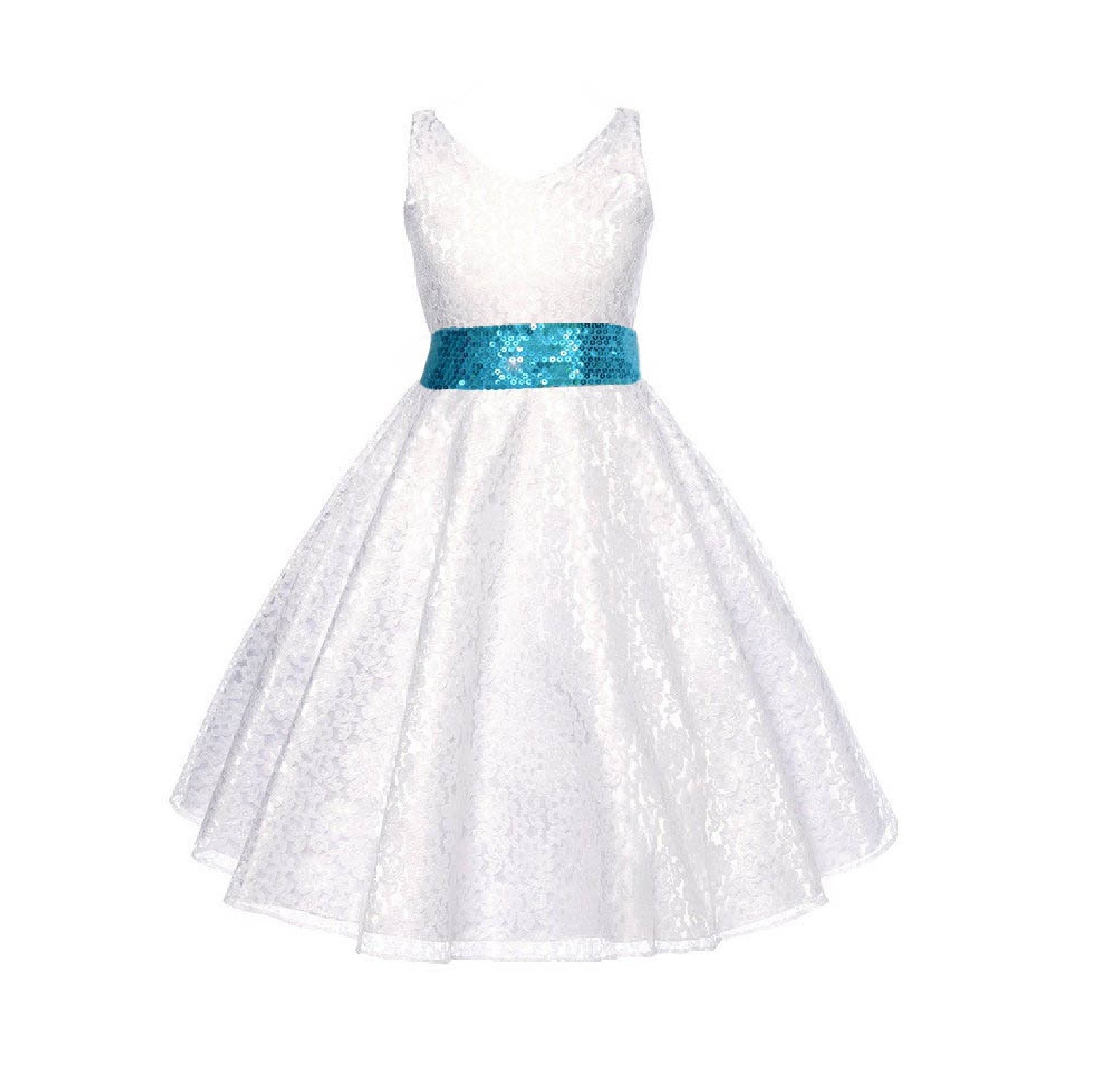 White Floral Lace Overlay V-Neck Turquoise Sequin Flower Girl Dress 166mh