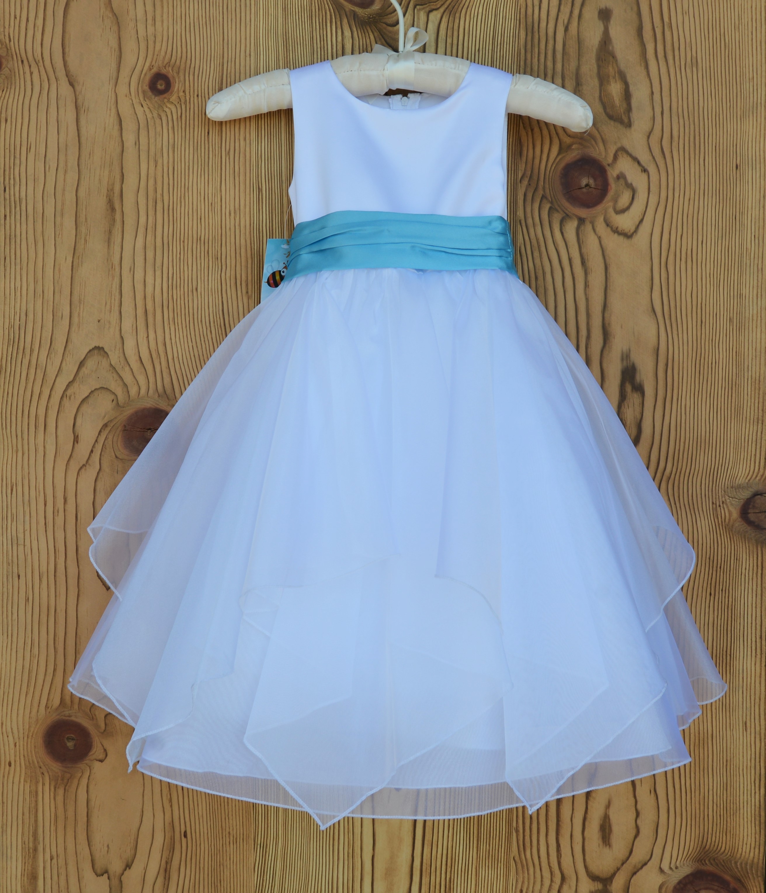 White/Turquoise Satin Bodice Shimmering Organza Flower Girl Dress J012