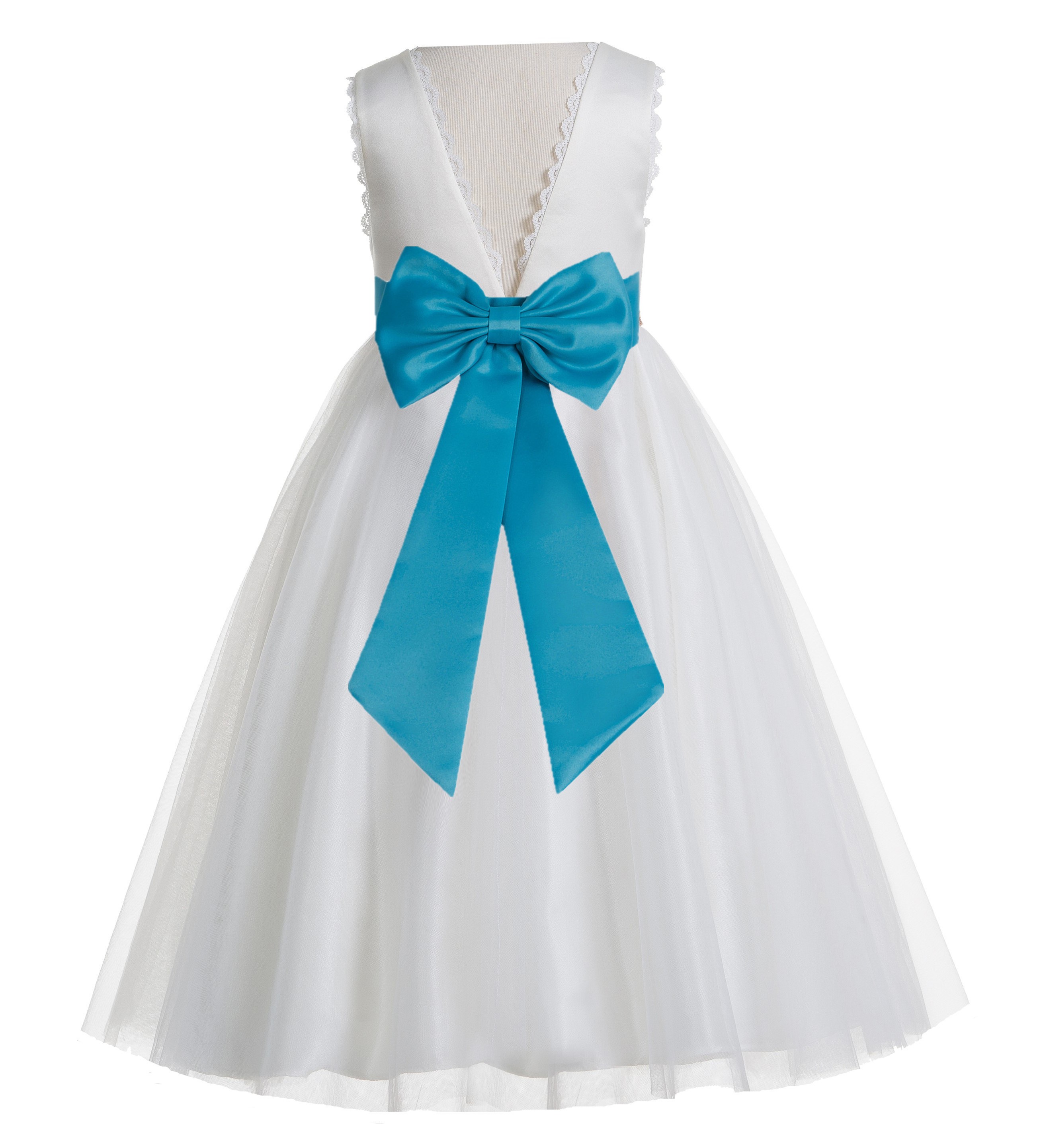 Ivory / Turquoise V-Back Lace Edge Flower Girl Dress 183T