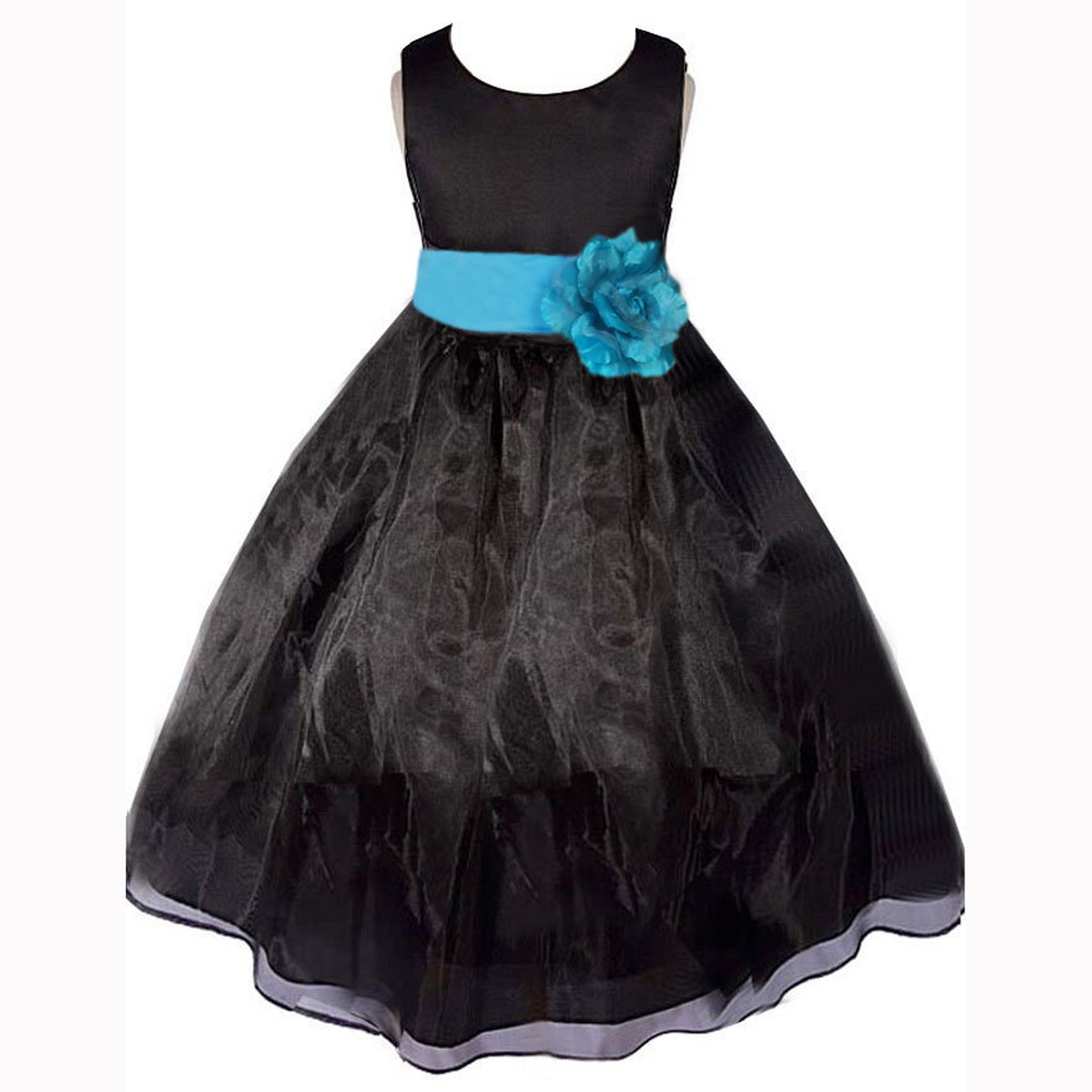 Black/Turquoise Satin Bodice Organza Skirt Flower Girl Dress 841T