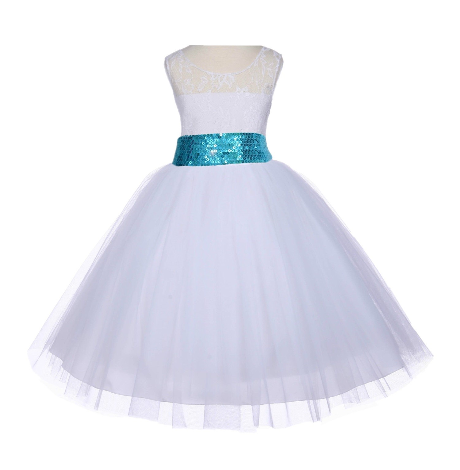 White Floral Lace Bodice Tulle Turquoise Sequin Flower Girl Dress 153mh