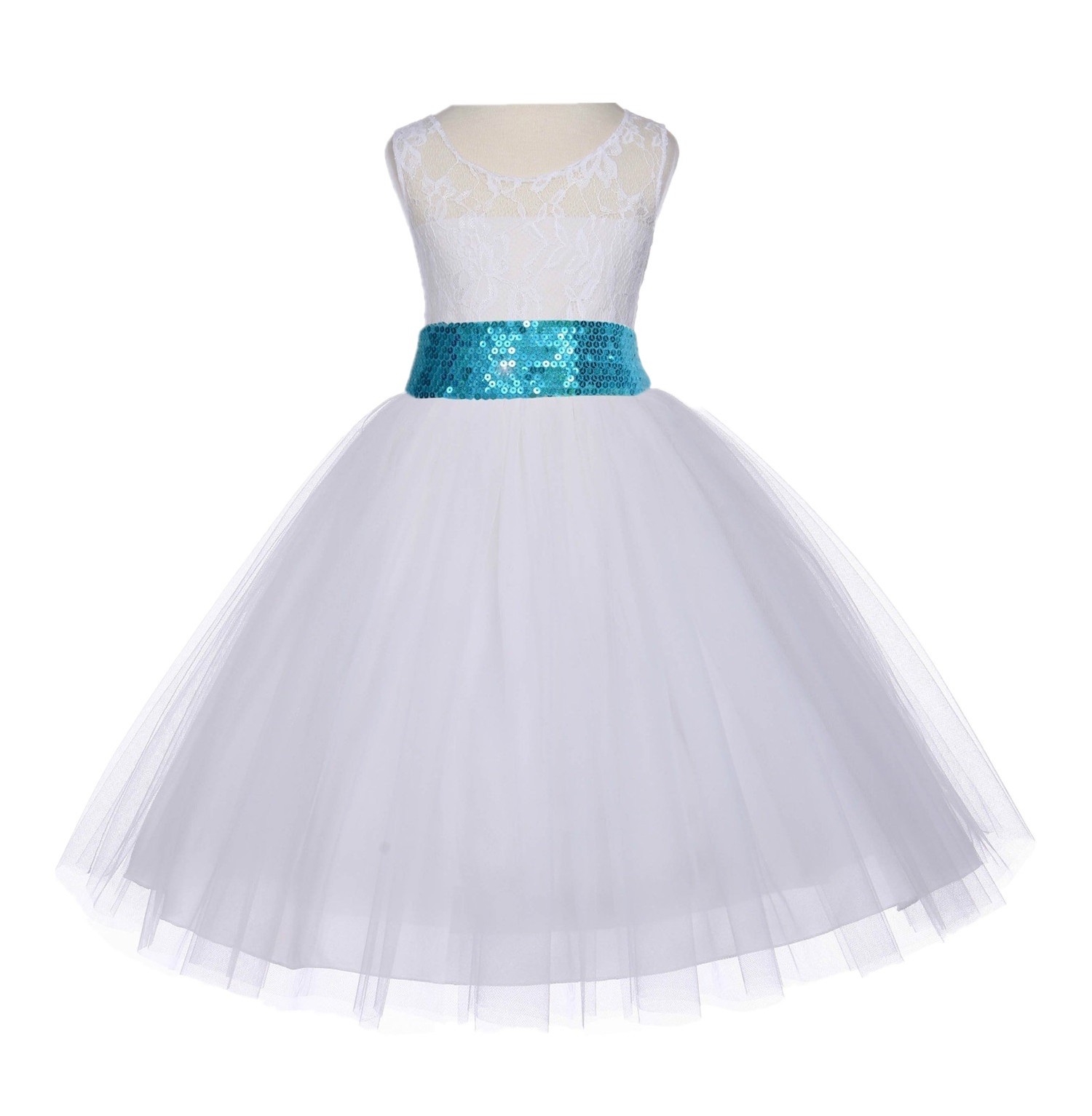Ivory Floral Lace Bodice Tulle Turquoise Sequin Flower Girl Dress 153mh