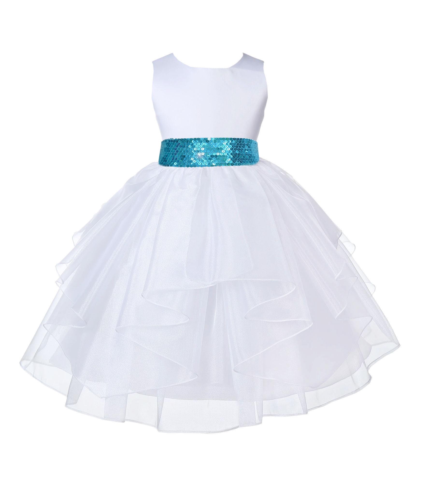 White Shimmering Organza Turquoise Sequin Sash Flower Girl Dress 4613mh