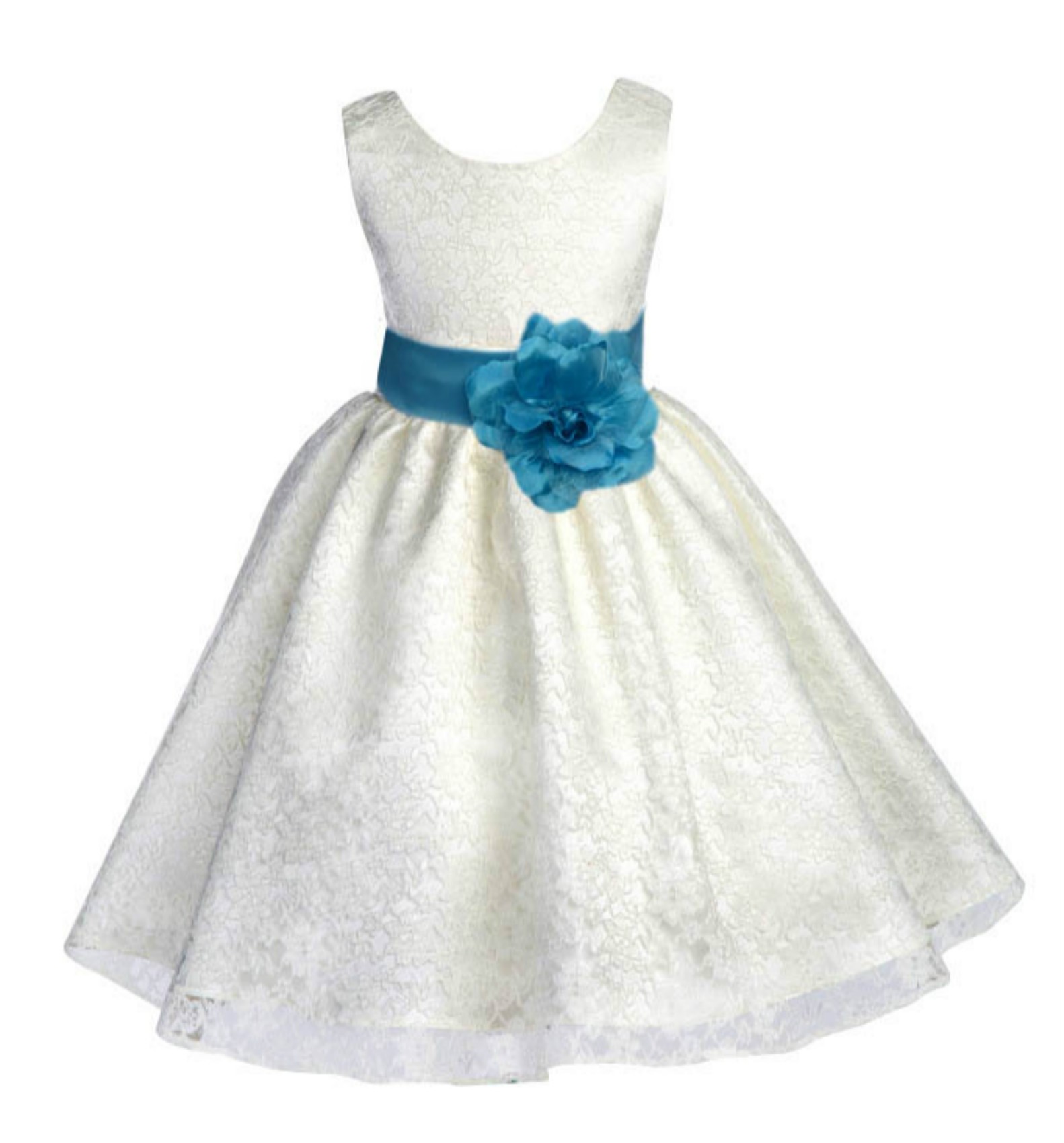 Ivory/Turquoise Floral Lace Overlay Flower Girl Dress Special Event 163S