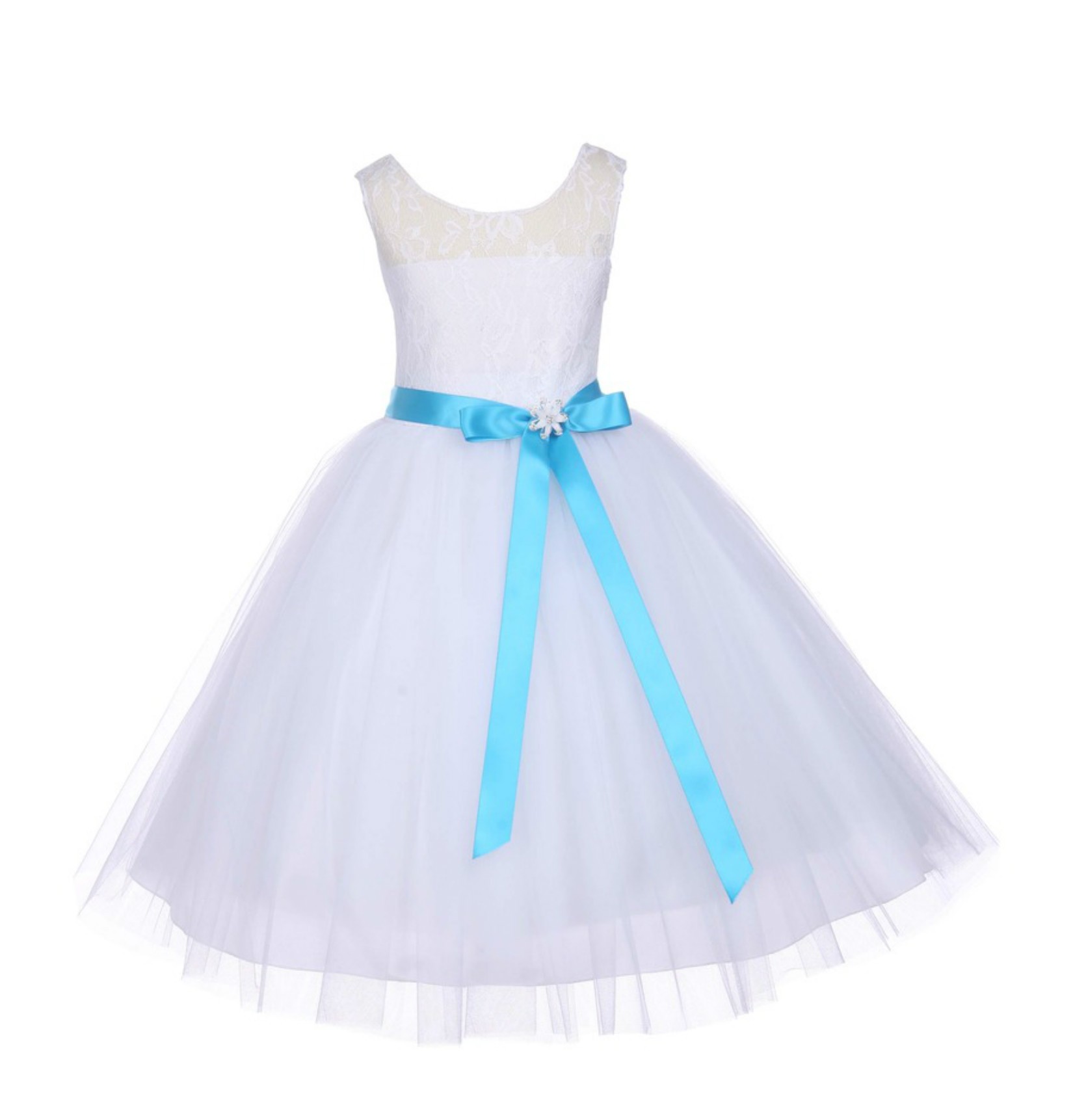 White Floral Lace Bodice Tulle Turquoise Ribbon Flower Girl Dress 153R