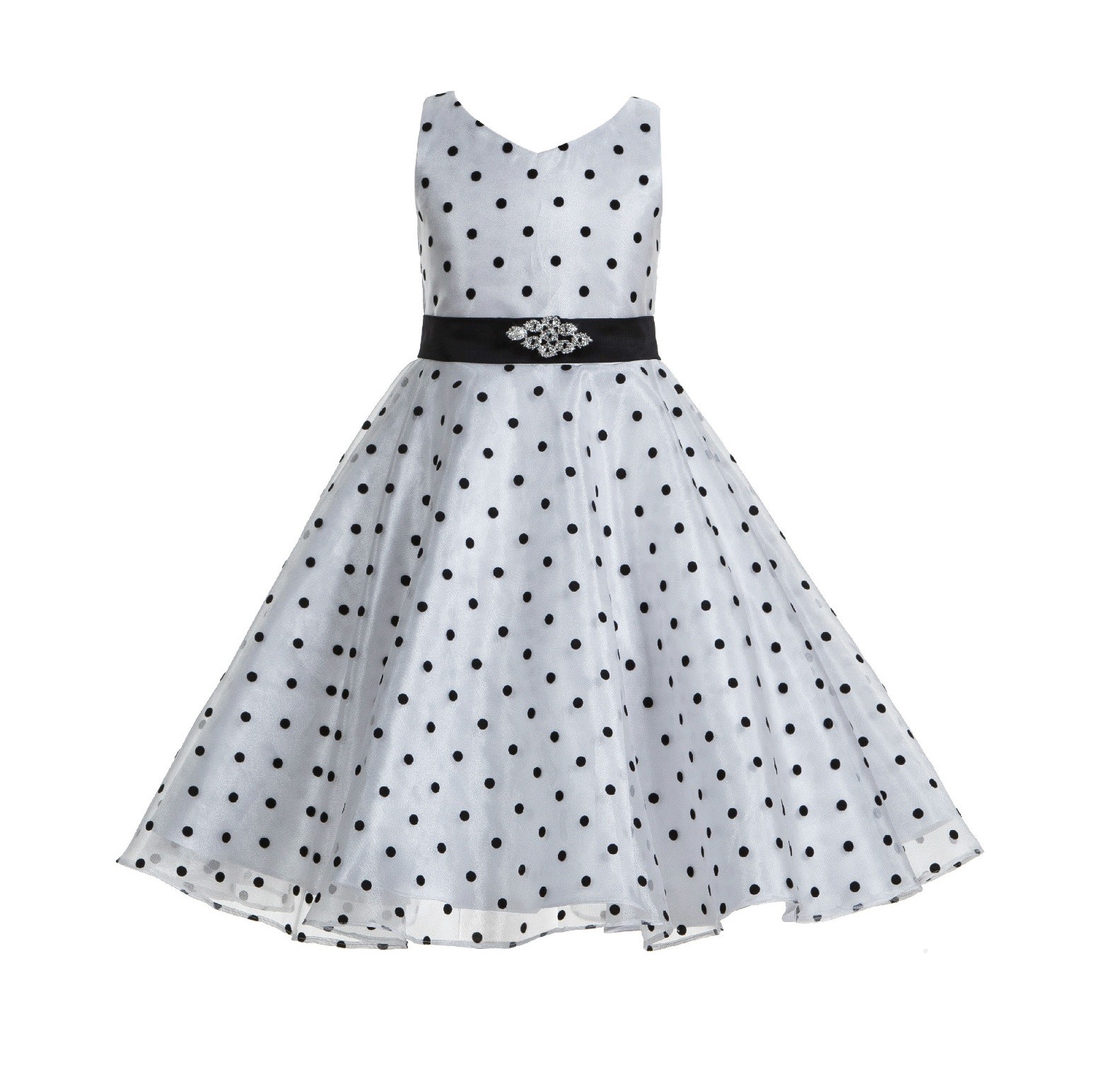 White / Black Organza Polka Dot V-Neck Rhinestone Flower Girl Dress 184
