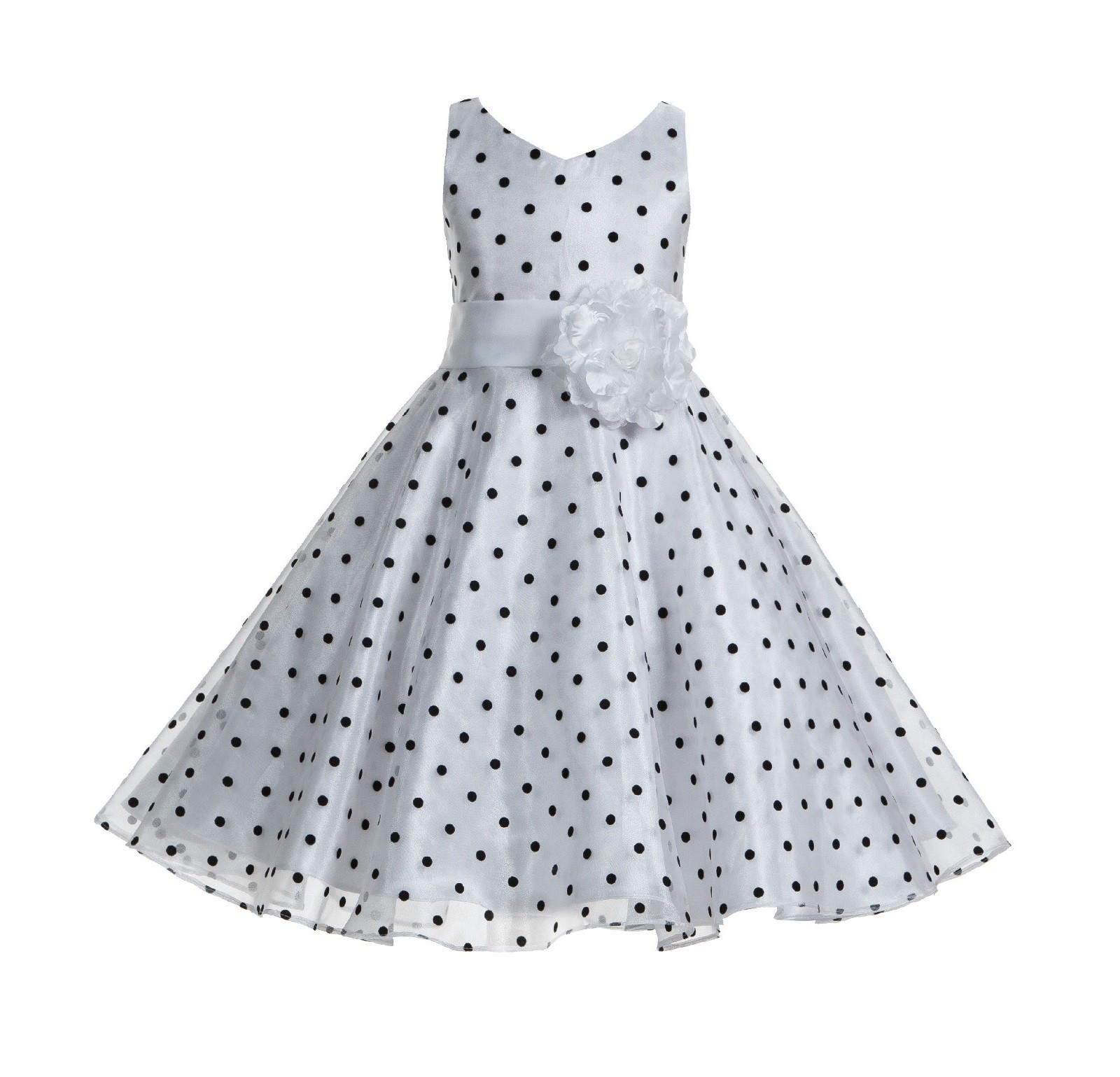 White / Black / White Organza Polka Dot V-Neck Flower Girl Dress 184T