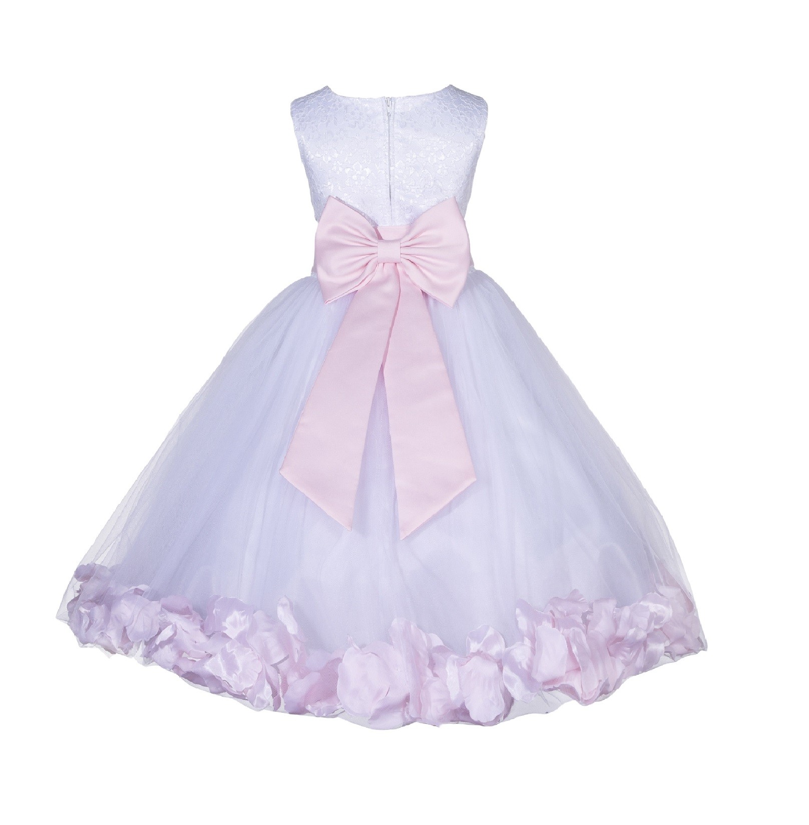 White/Pink Lace Top Tulle Floral Petals Flower Girl Dress 165T