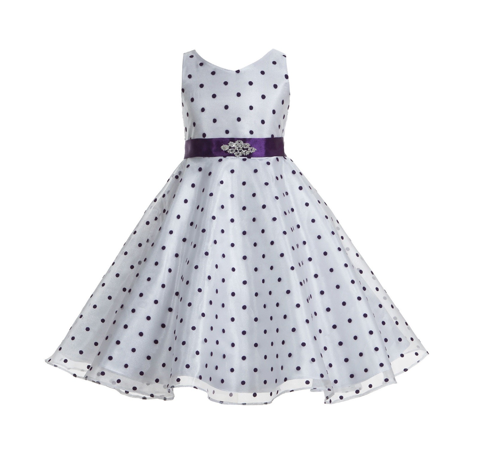 White / Purple Organza Polka Dot V-Neck Rhinestone Flower Girl Dress 184
