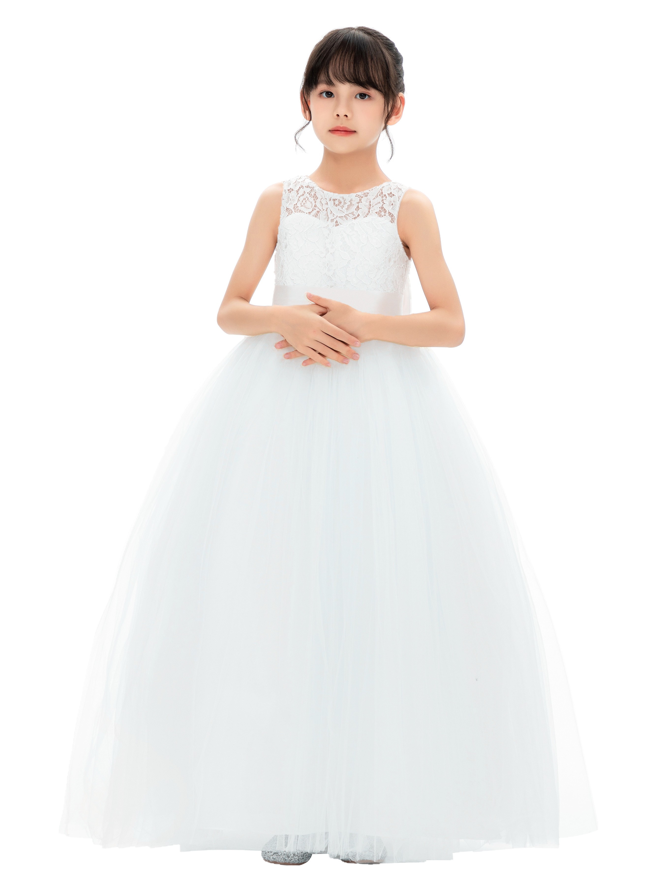 White Illusion Lace Flower Girl Dress 331
