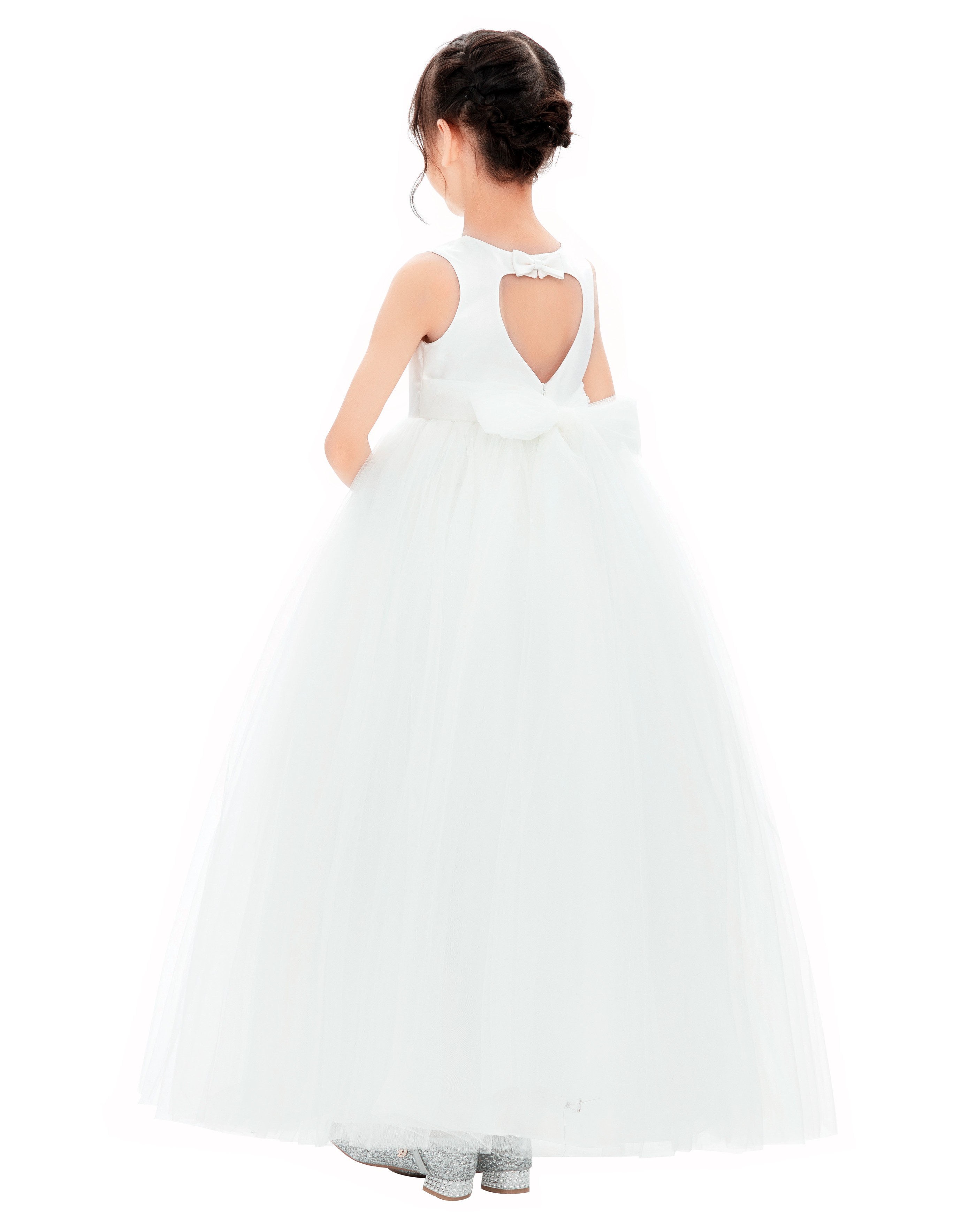 White Satin Heart Cutout Tulle Flower Girl Dress 247