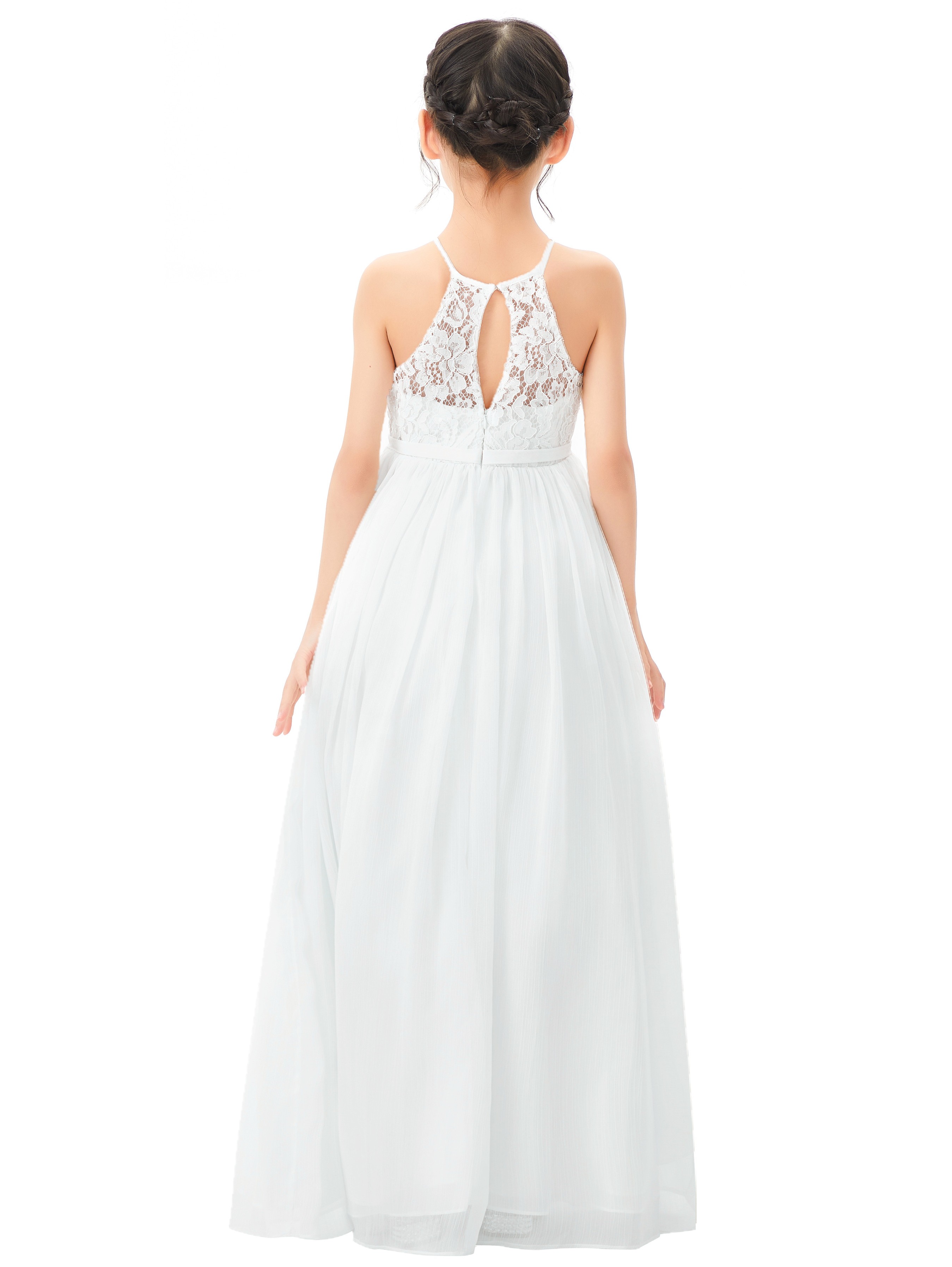 White Lace Halter Flower Girl Dress Lace Back Dress 332