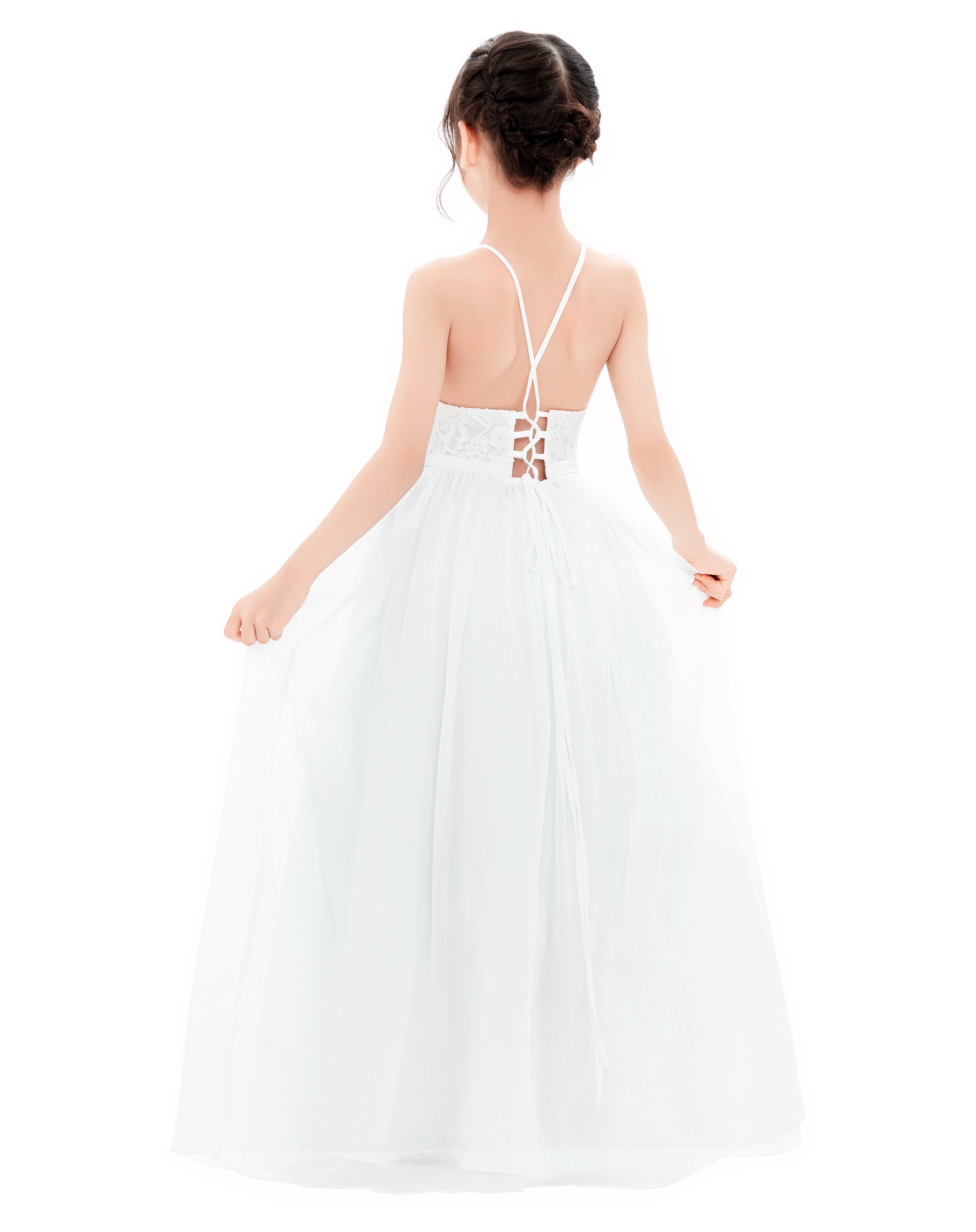 White Halter Lace Dress Criss-Cross Flower Girl Dress L248