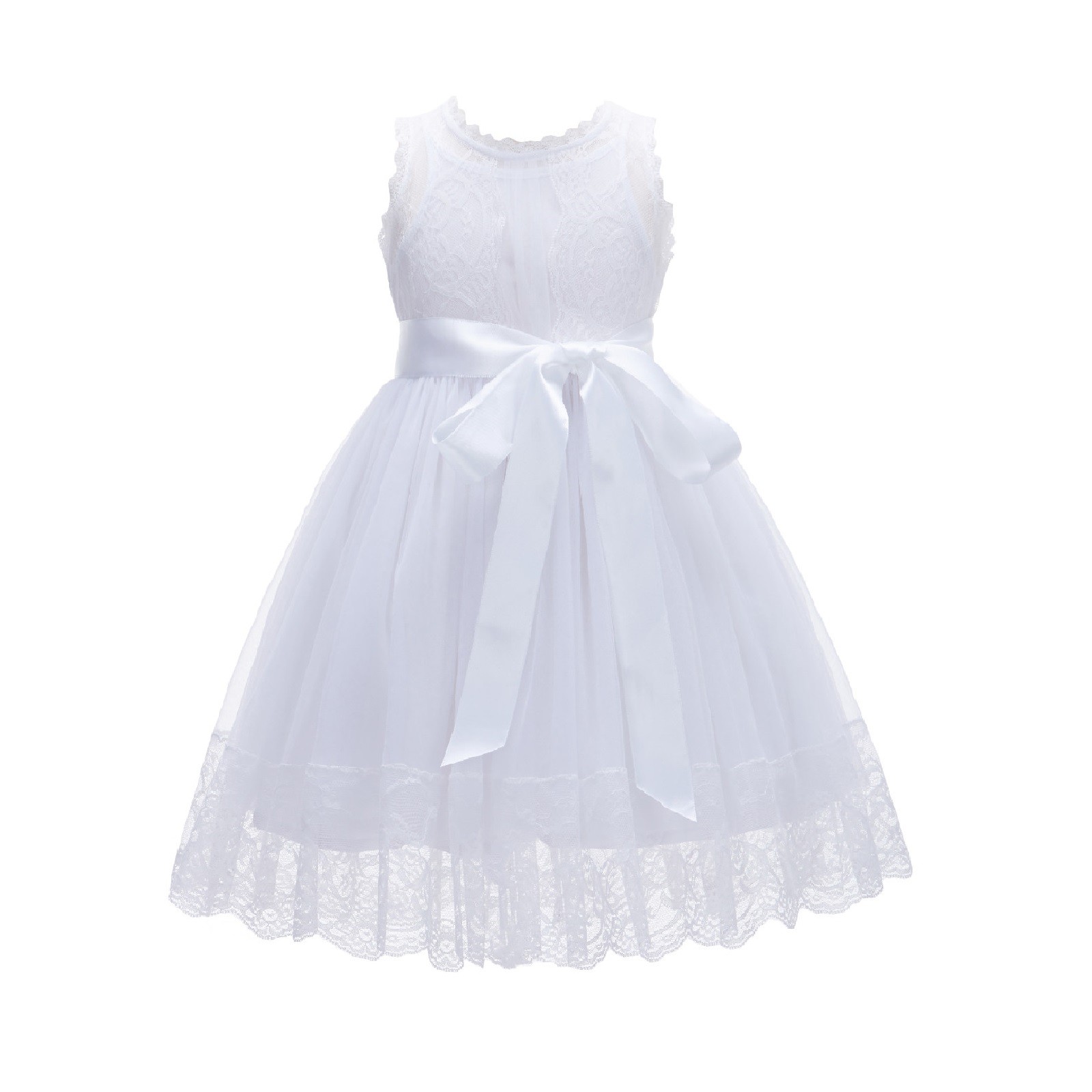 White Cotton Floral Lace Overlay Flower Girl Dress 169R