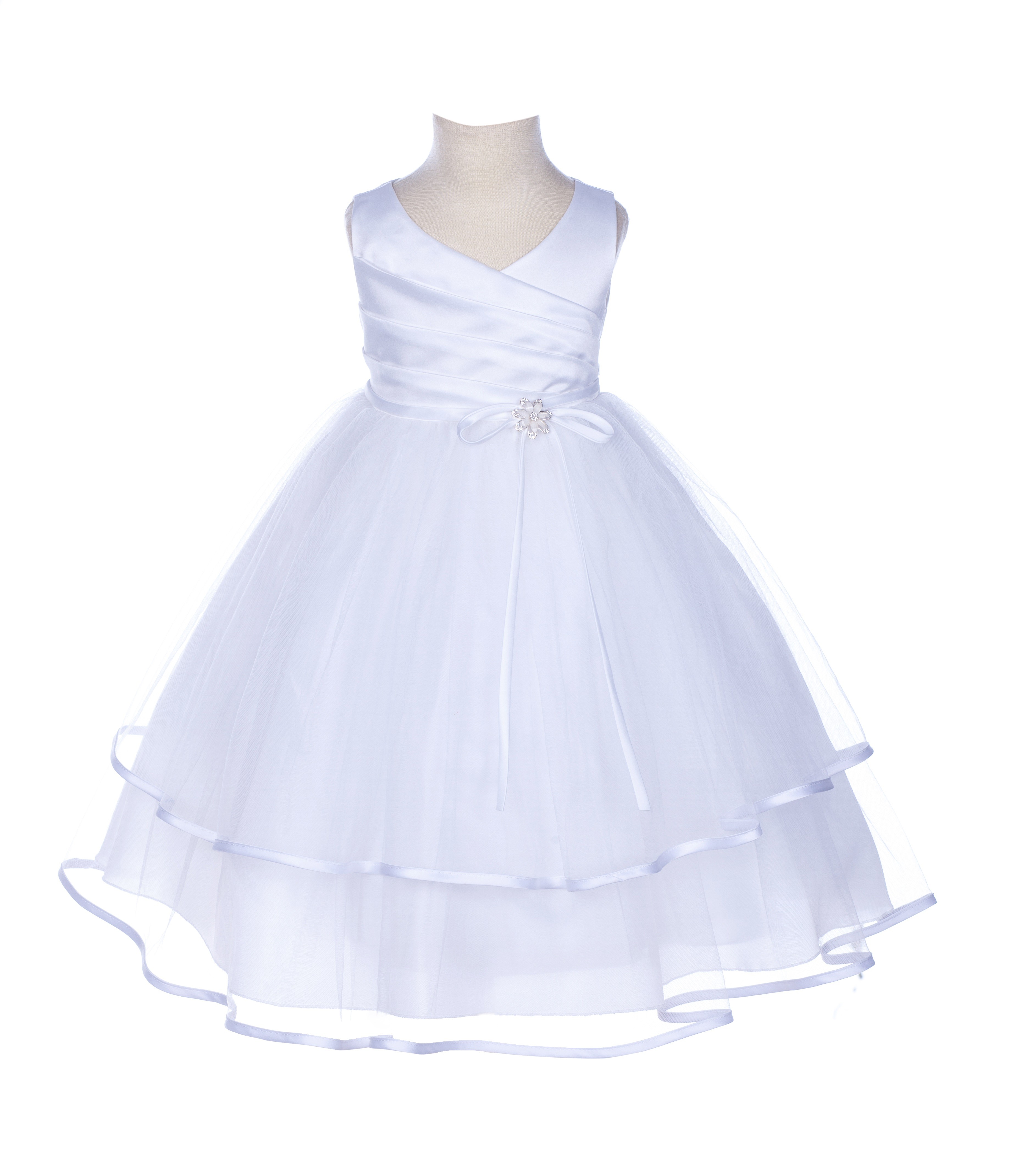 White Rhinestones Ruffle V-Neck Tulle Flower Girl Dress J115R