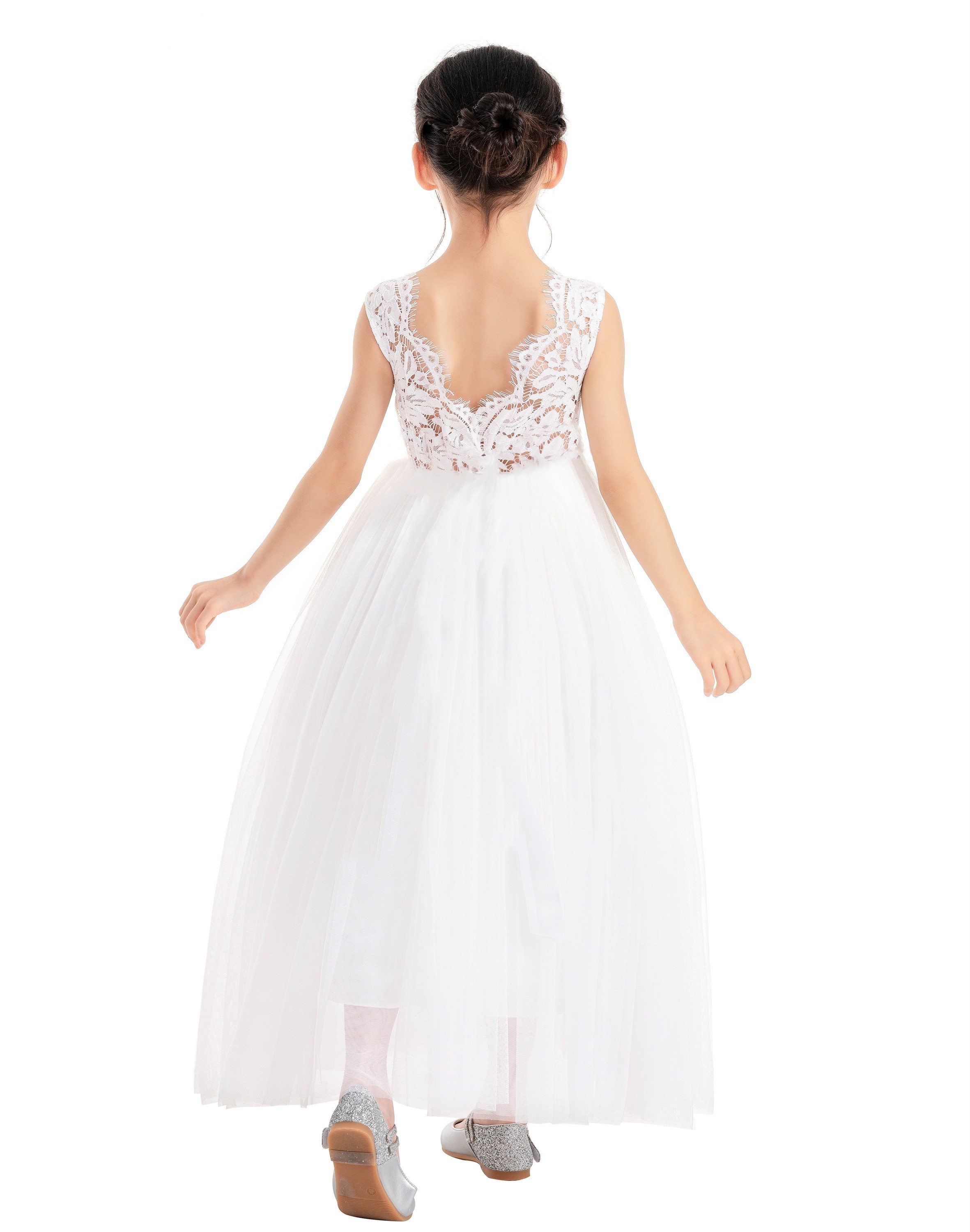 White Backless V-Back Lace A-Line Flower Girl Dress 207