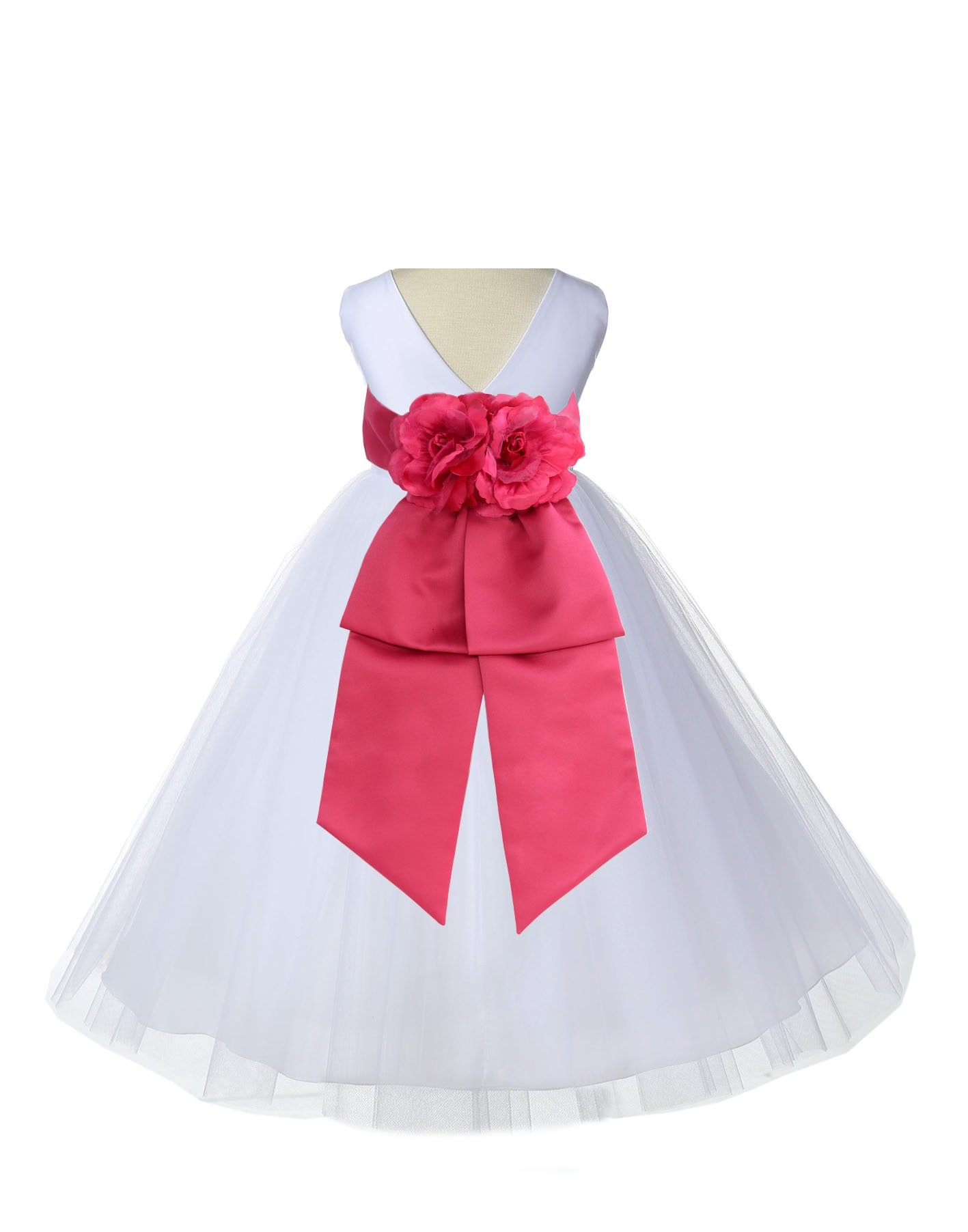 V-Neck Tulle White/Watermelon Flower Girl Dress Wedding Pageant 108