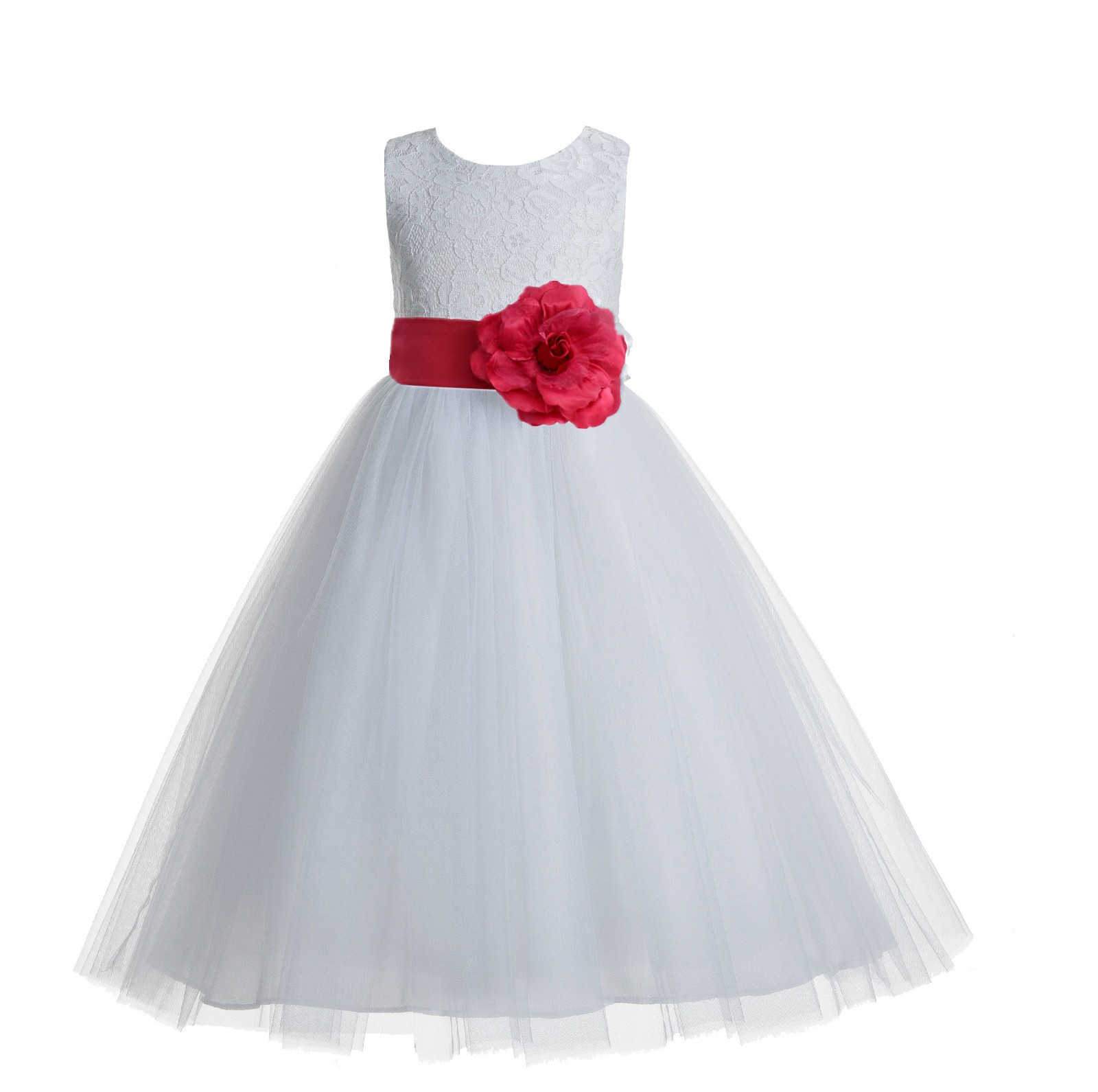 White / Watermelon Floral Lace Heart Cutout Flower Girl Dress with Flower 172T